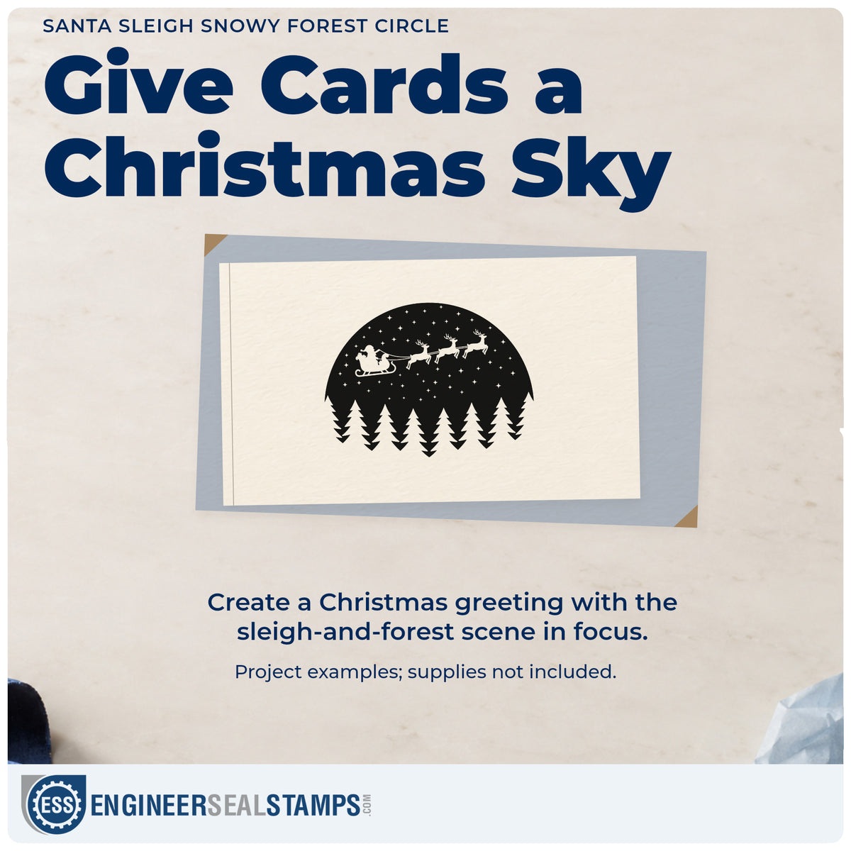 A finished handmade project stamped with the Santa Sleigh Snowy Forest Circle Hand Stamp – Duo, ideal for dark page album.