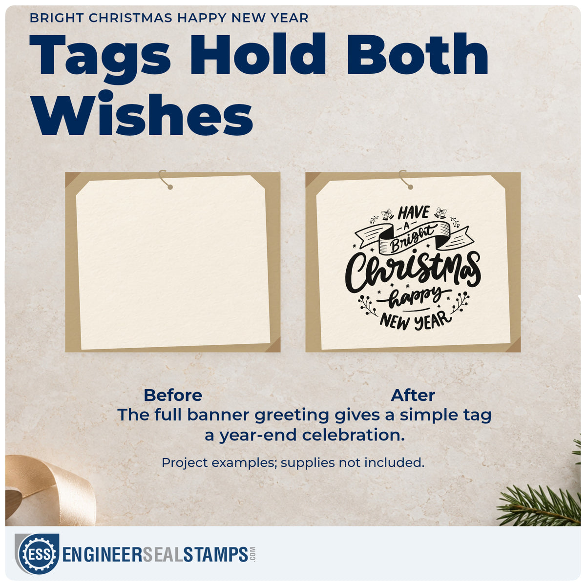 Before and after of a plain item finished with the Pre-Inked Have A Bright Christmas Happy New Year Stamp – PSI, a quick upgrade for framed boardroom wall.