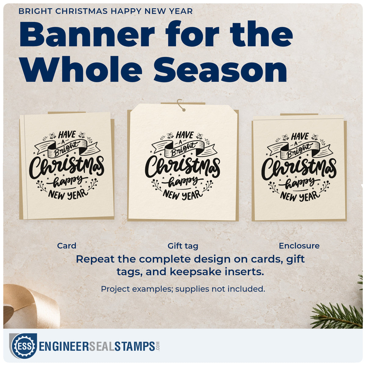 Three project examples made with the Pre-Inked Have A Bright Christmas Happy New Year Stamp – PSI, including client mailing sheet.