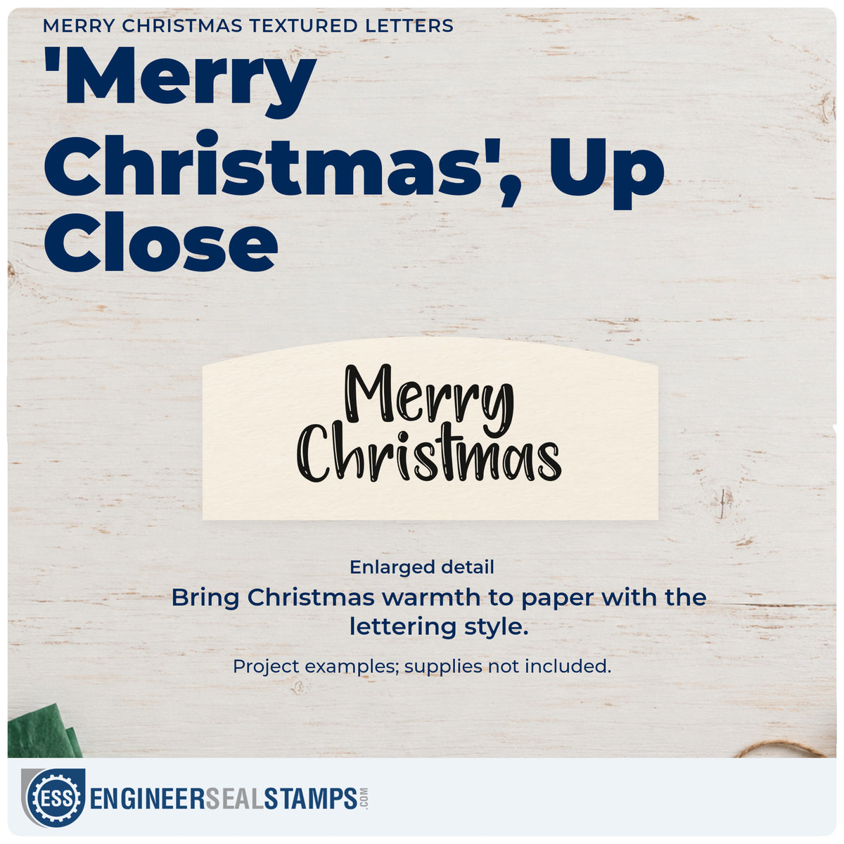 Enlarged detail of the Merry Christmas Textured Letters Lettering Rubber Stamp – Duo Hand imprint. “Merry Christmas” appears in two rows of textured hand-drawn lettering.