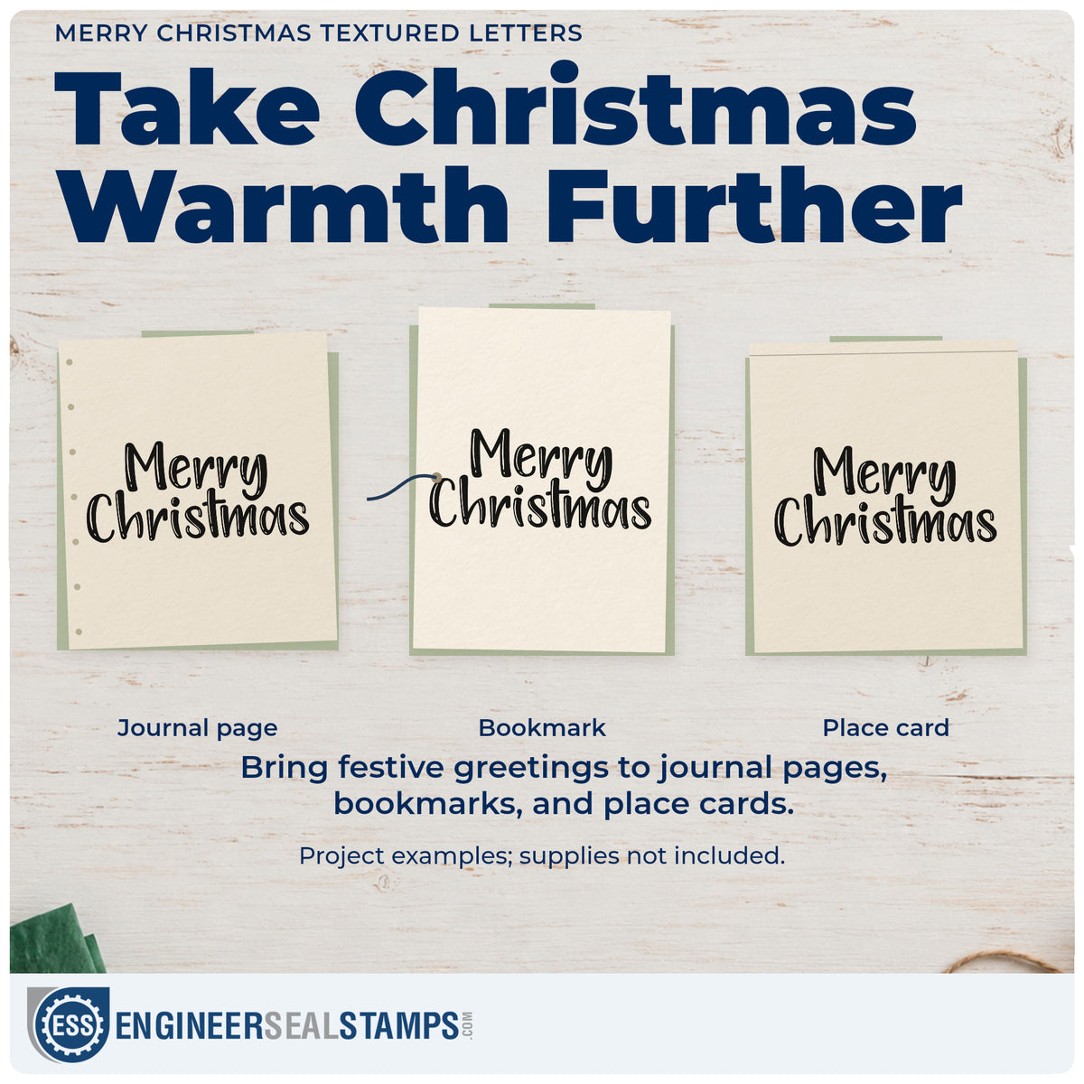 Three project examples made with the Merry Christmas Textured Letters Lettering Self-Inking Stamp, including recipe slip header.