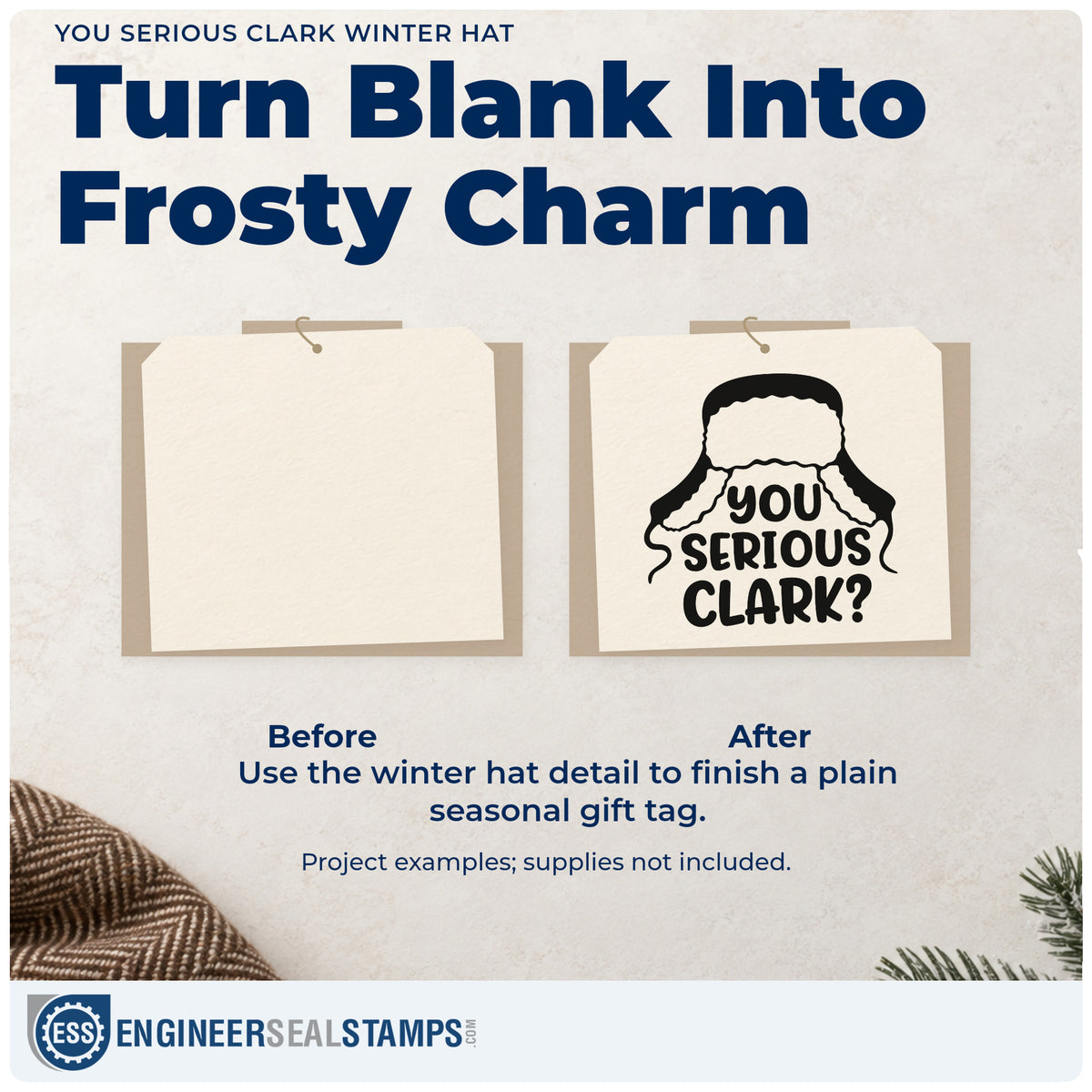 Before and after of a plain item finished with the PSI Pre-Inked You Serious Clark Winter Hat Stamp, a quick upgrade for framed basement wall.
