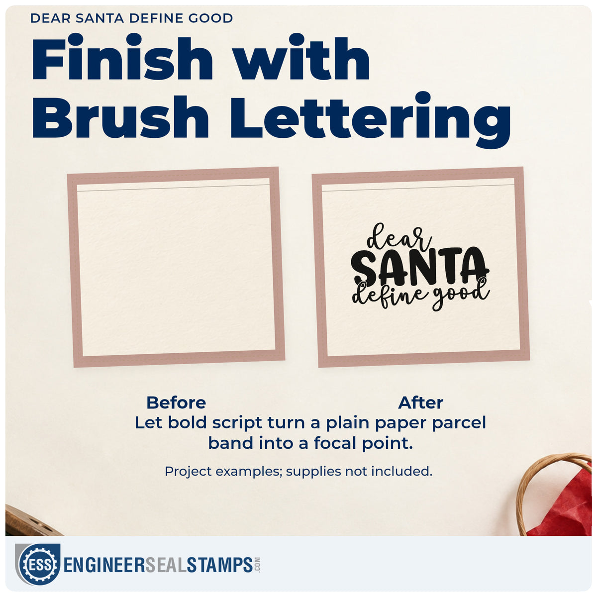 Before and after of a plain item finished with the Dear Santa Define Good Script Lettering Pre-Inked Stamp – PSI, a quick upgrade for framed bunk room.