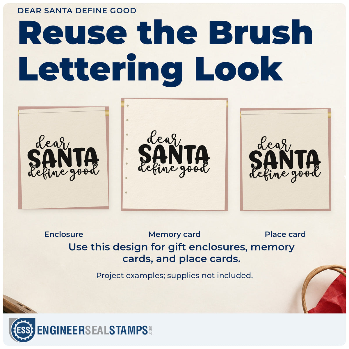 Three project examples made with the Dear Santa Define Good Script Lettering Rubber Stamp – Duo Hand, including behavior debate sheet.