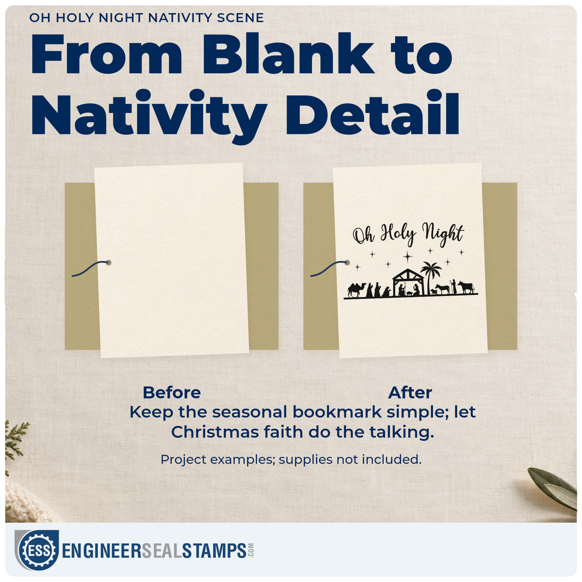 Before and after of a plain item finished with the Oh Holy Night Nativity Scene Self-Inking Stamp, a quick upgrade for framed large panel.