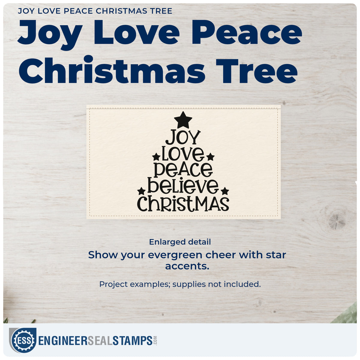 Enlarged detail of the Joy Love Peace Christmas Tree With Stars Stamp – Duo Hand imprint. “Joy Love Peace Believe Christmas” forms a tree-shaped stack accented with stars.