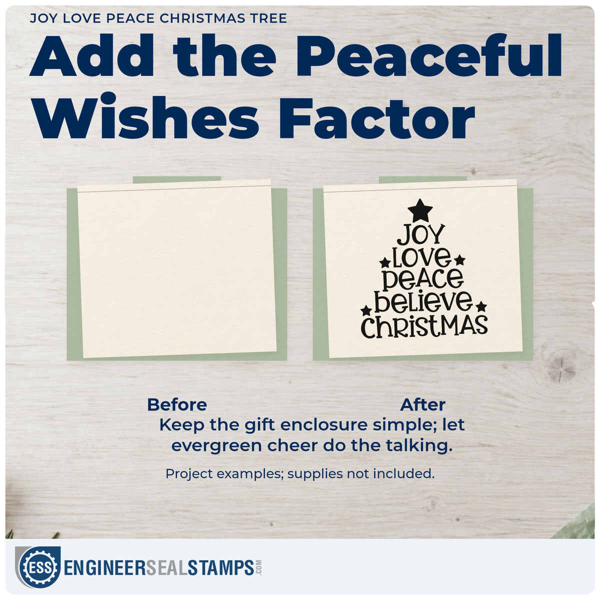 Before and after of a plain item finished with the Joy Love Peace Christmas Tree With Stars Stamp – Duo Hand, a quick upgrade for framed stair gallery.