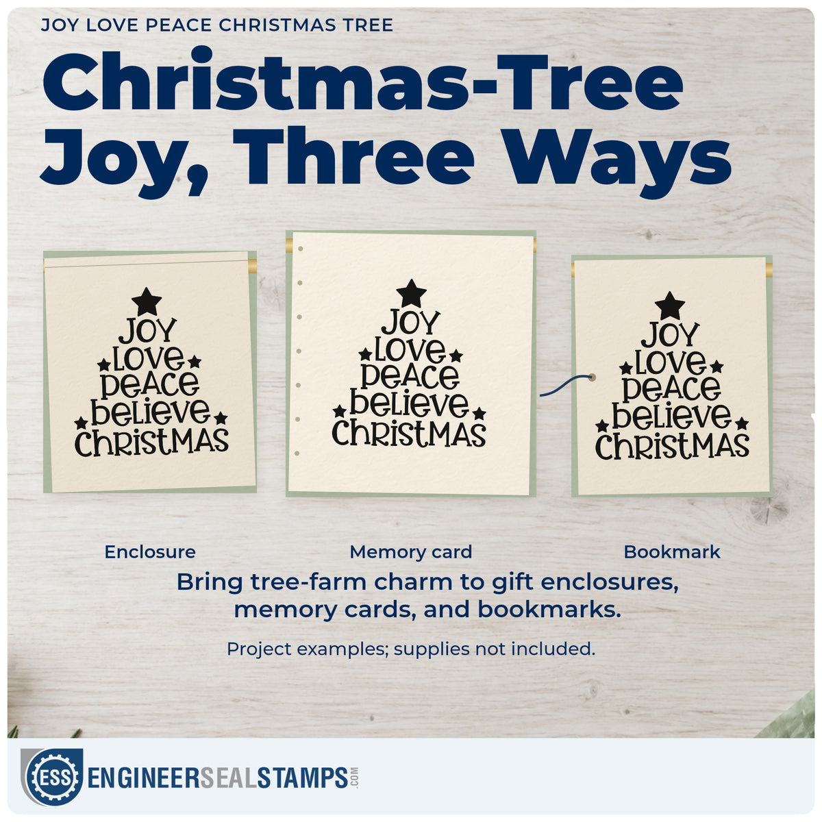 Three project examples made with the Joy Love Peace Christmas Tree With Stars Stamp – Duo Hand, including intention list sheet.