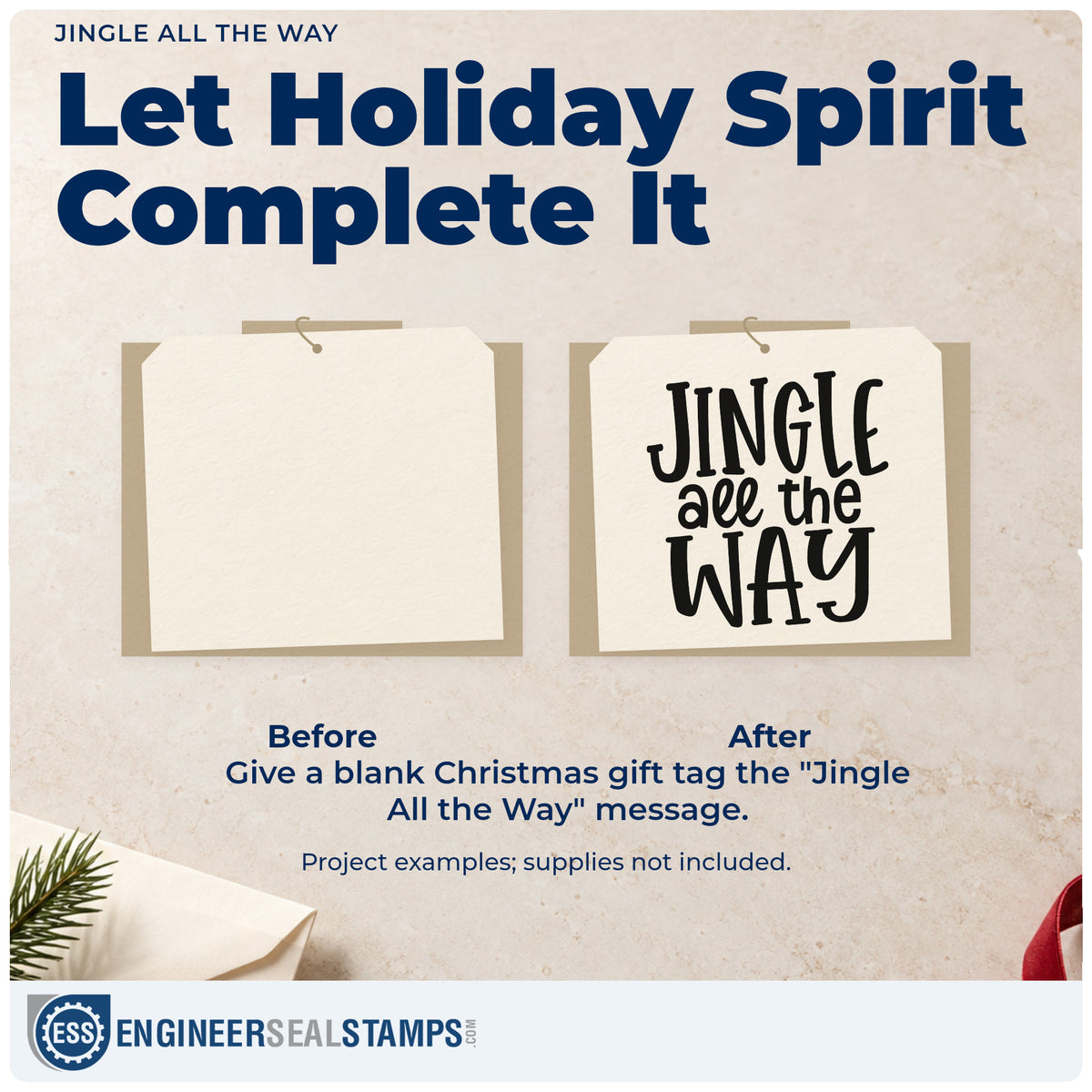 Before and after of a plain item finished with the Jingle All The Way PSI Pre-Inked Stamp, a quick upgrade for framed square print.