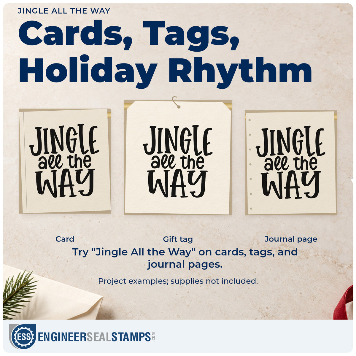 Three project examples made with the Jingle All The Way PSI Pre-Inked Stamp, including cover sheet header.