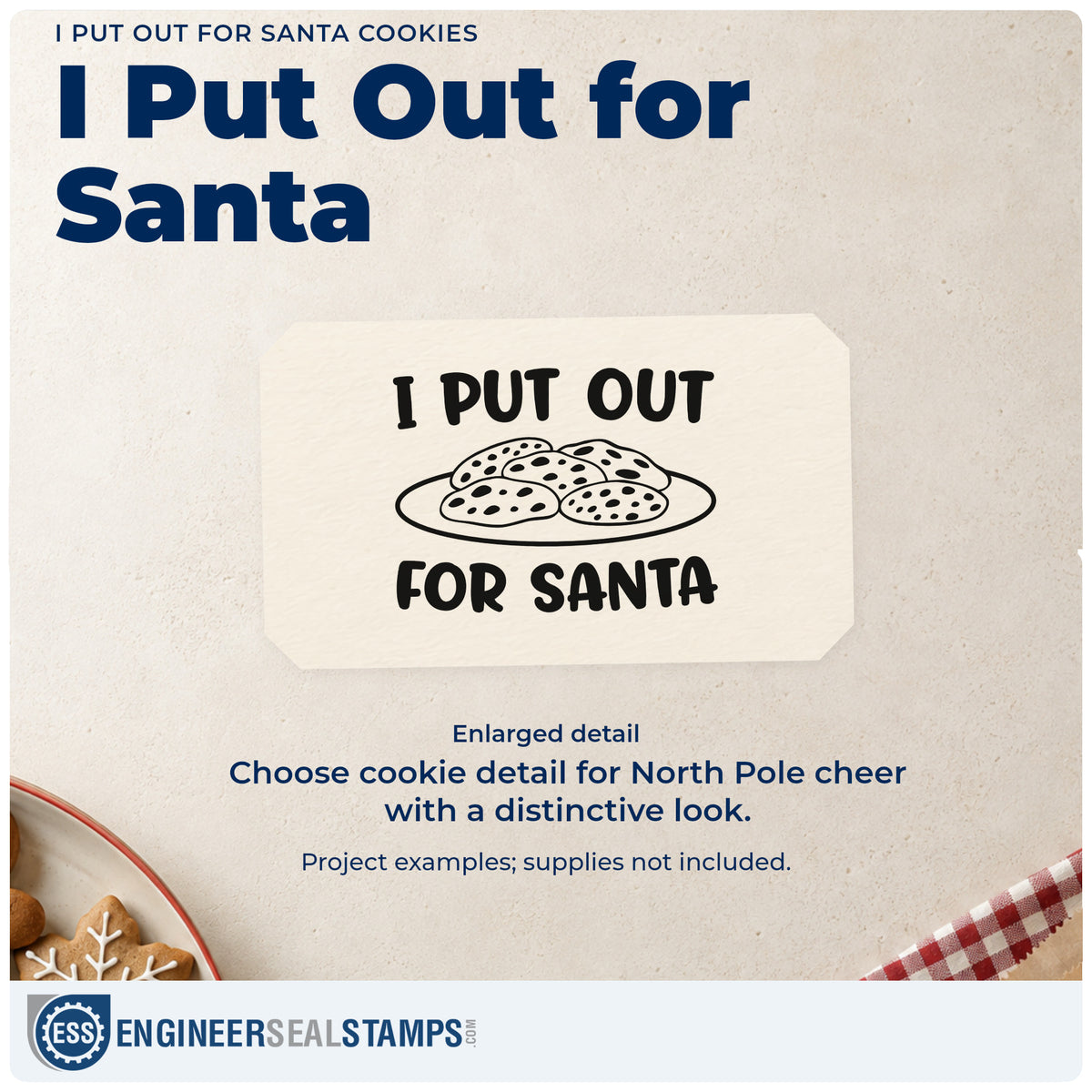 Enlarged detail of the Duo Hand I Put Out For Santa Cookies Rubber Stamp imprint. “I Put Out for Santa” surrounds a plate piled with cookies.