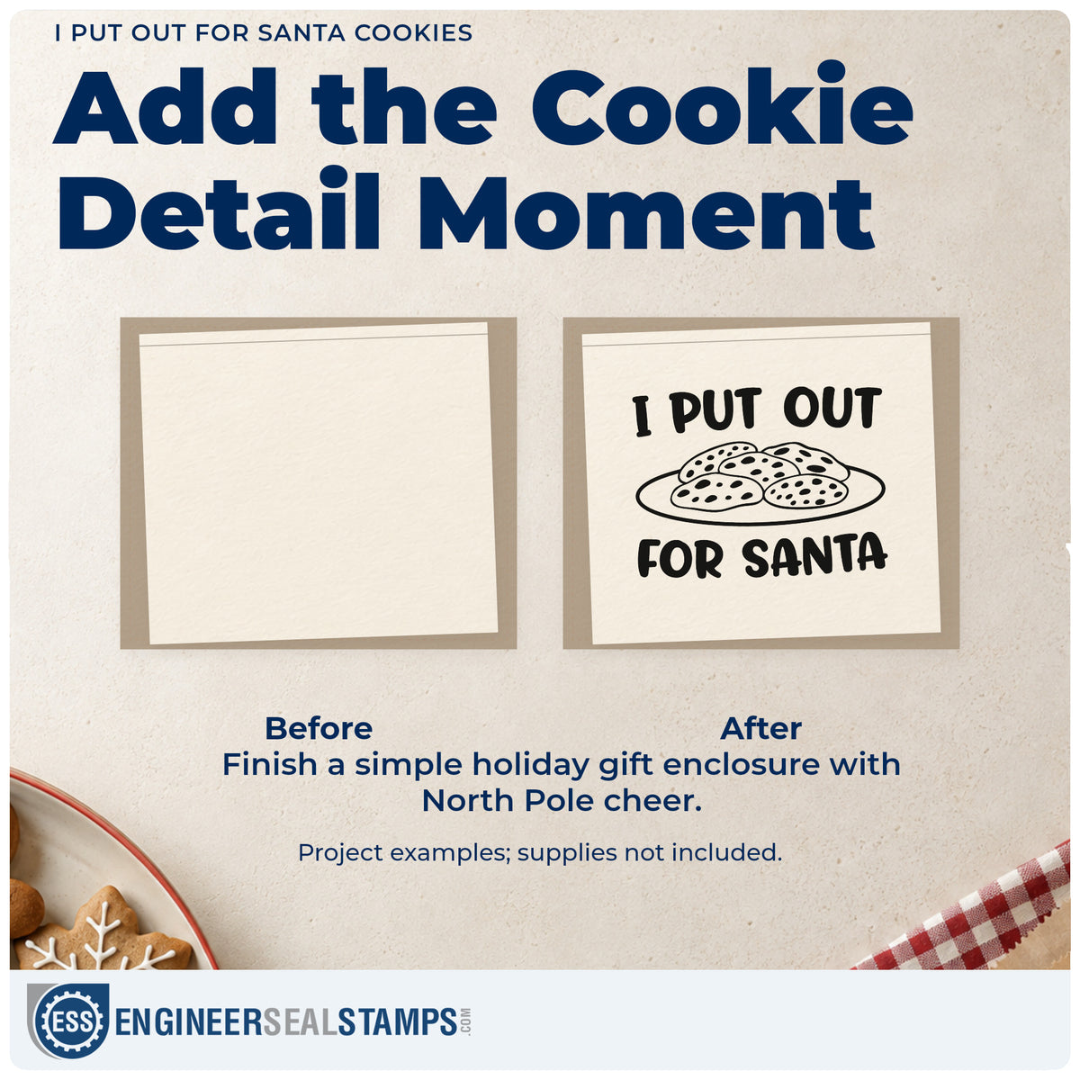 Before and after of a plain item finished with the I Put Out For Santa Cookies Slim Pre-Inked Stamp, a quick upgrade for framed bar shelf.