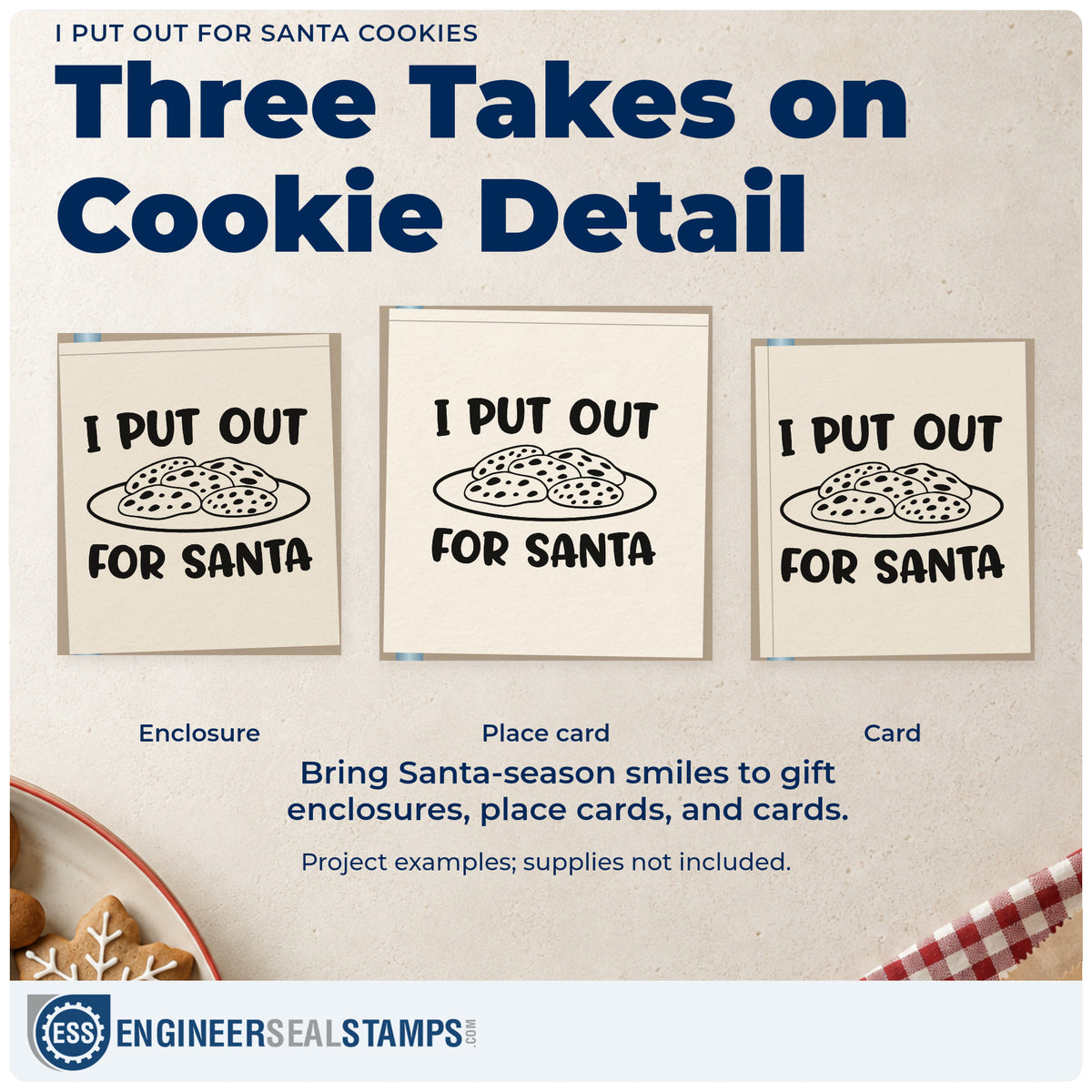 Three project examples made with the I Put Out For Santa Cookies Wood Handle Stamp, including recipe trade sheet.