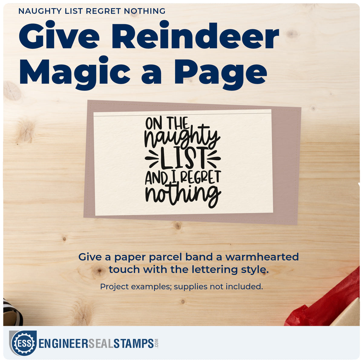 A finished handmade project stamped with the Naughty List Regret Nothing PSI Pre-Inked Stamp, ideal for mischief album page.