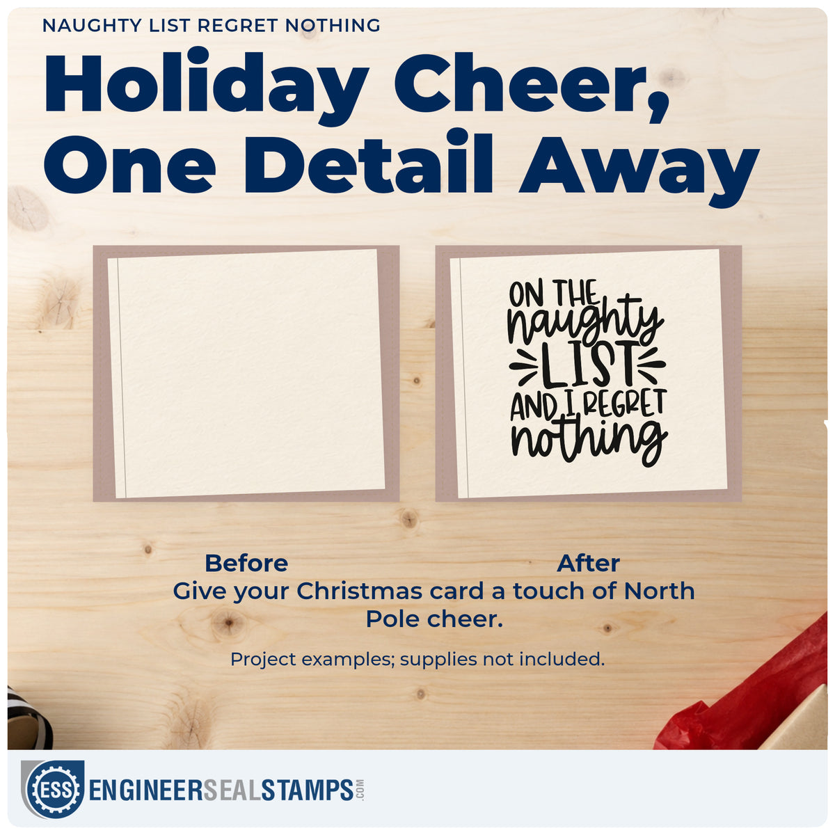 Before and after of a plain item finished with the Naughty List Regret Nothing Rubber Stamp – Wood Handle, a quick upgrade for framed office wall.