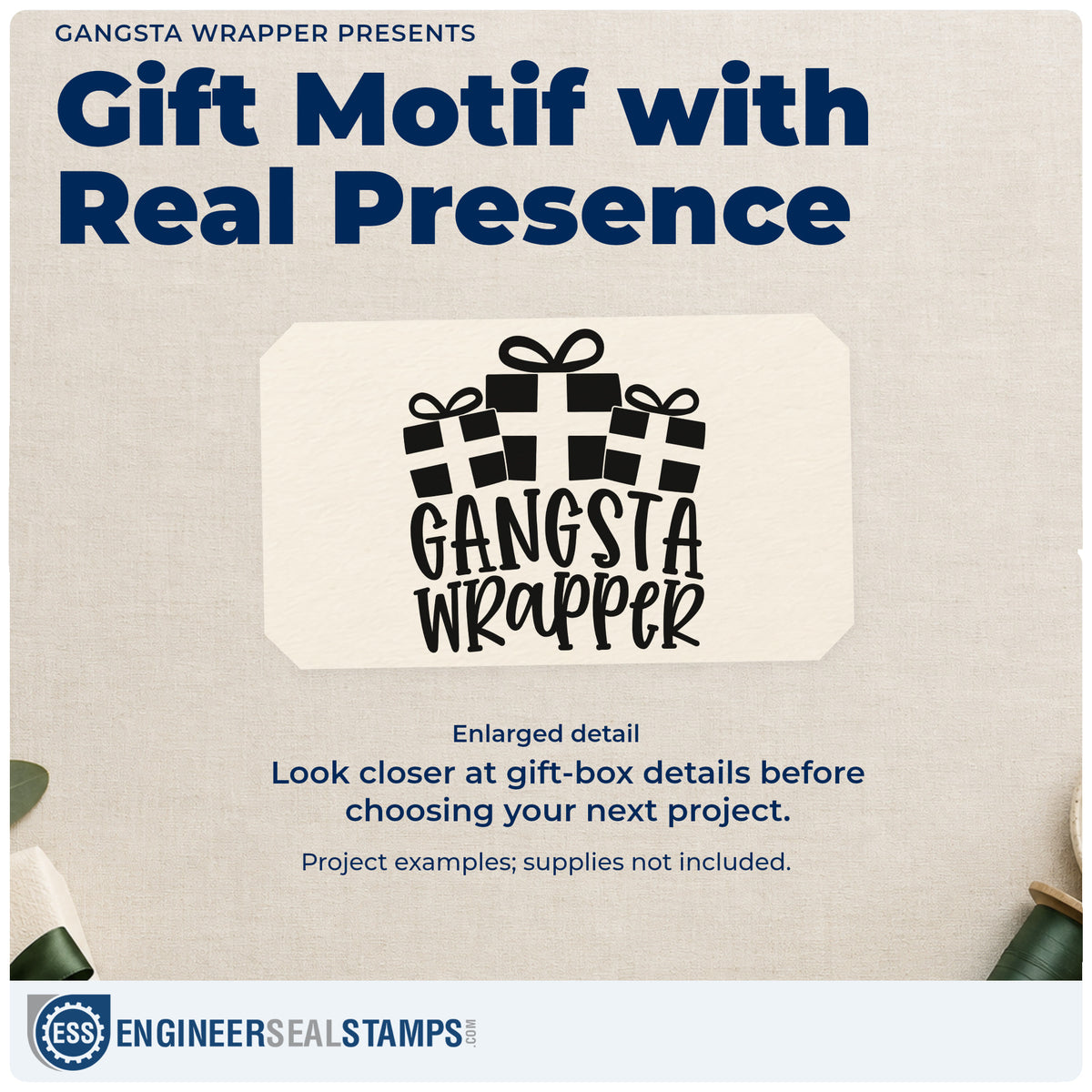 Enlarged detail of the Gangsta Wrapper Presents Gift Box Rubber Stamp – Duo Hand imprint. Three wrapped gifts sit above “Gangsta Wrapper.”