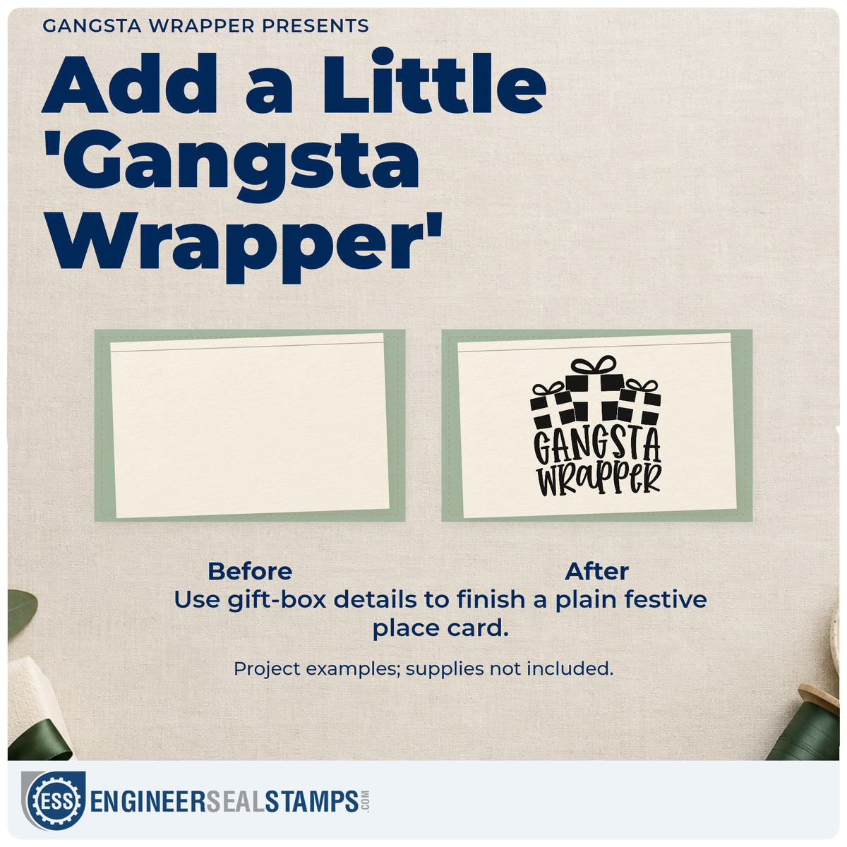 Before and after of a plain item finished with the Gangsta Wrapper Presents Gift Box Pre-Inked Stamp – PSI, a quick upgrade for framed craft table.