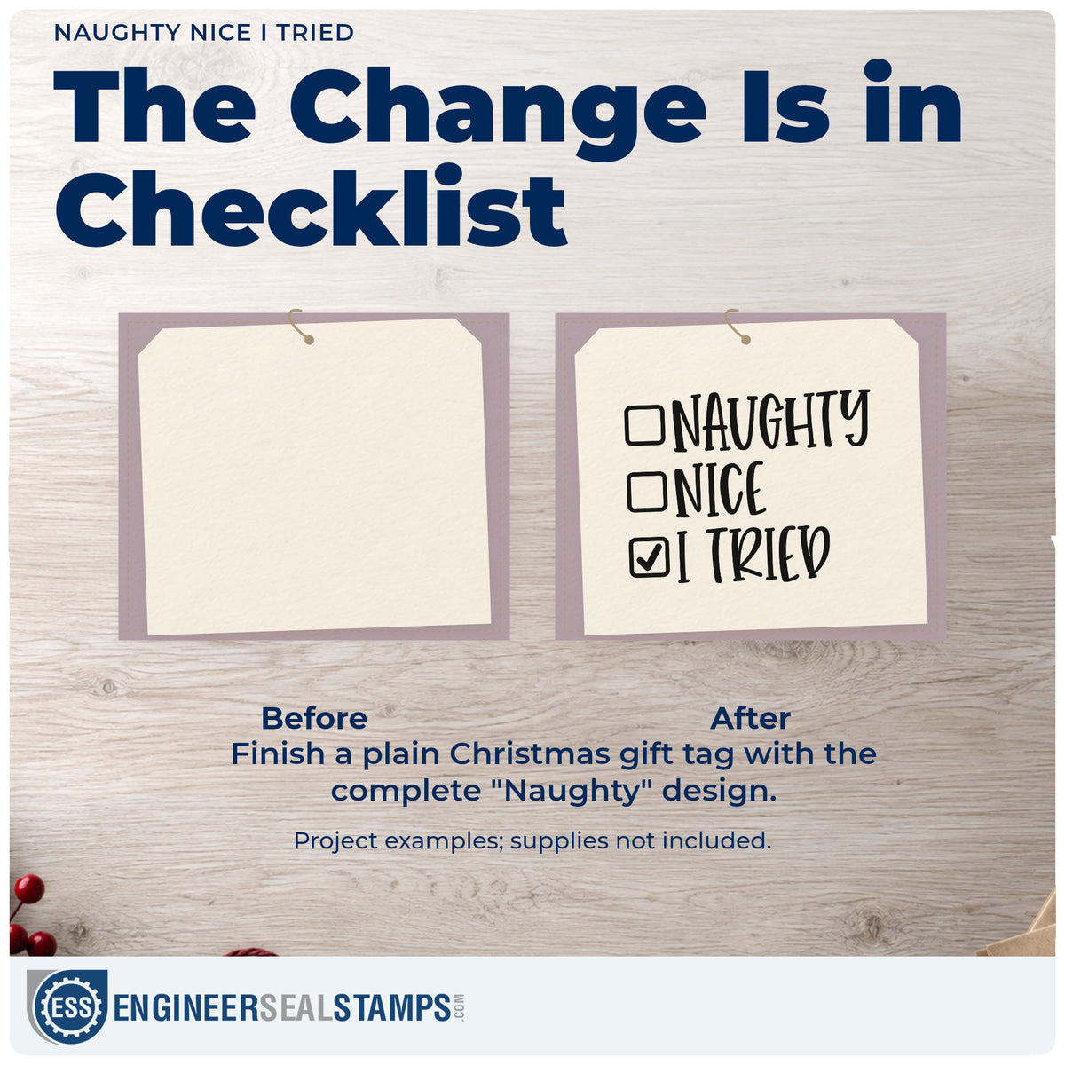 Before and after of a plain item finished with the Naughty Nice I Tried Craft Stamp – Self-Inking, a quick upgrade for framed desk corner.