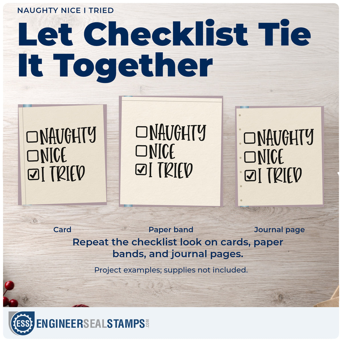 Three project examples made with the Naughty Nice I Tried Hand Stamp – Duo, including habit tracker sheet.