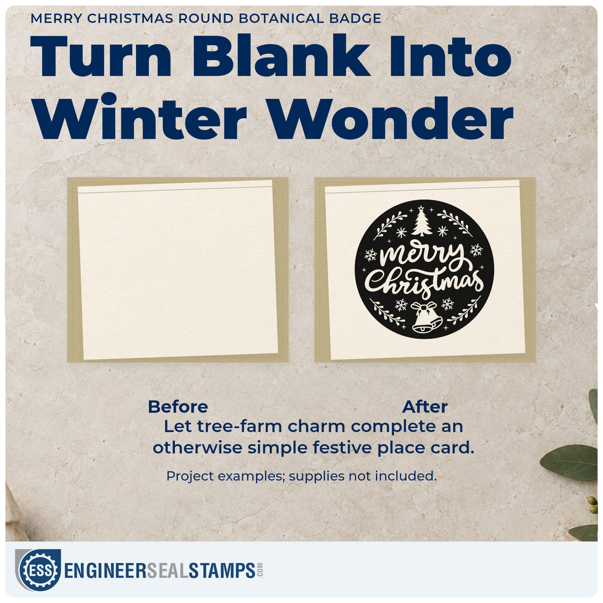 Before and after of a plain item finished with the Merry Christmas Round Botanical Emblem Stamp – Wood Handle, a quick upgrade for framed round plaque.