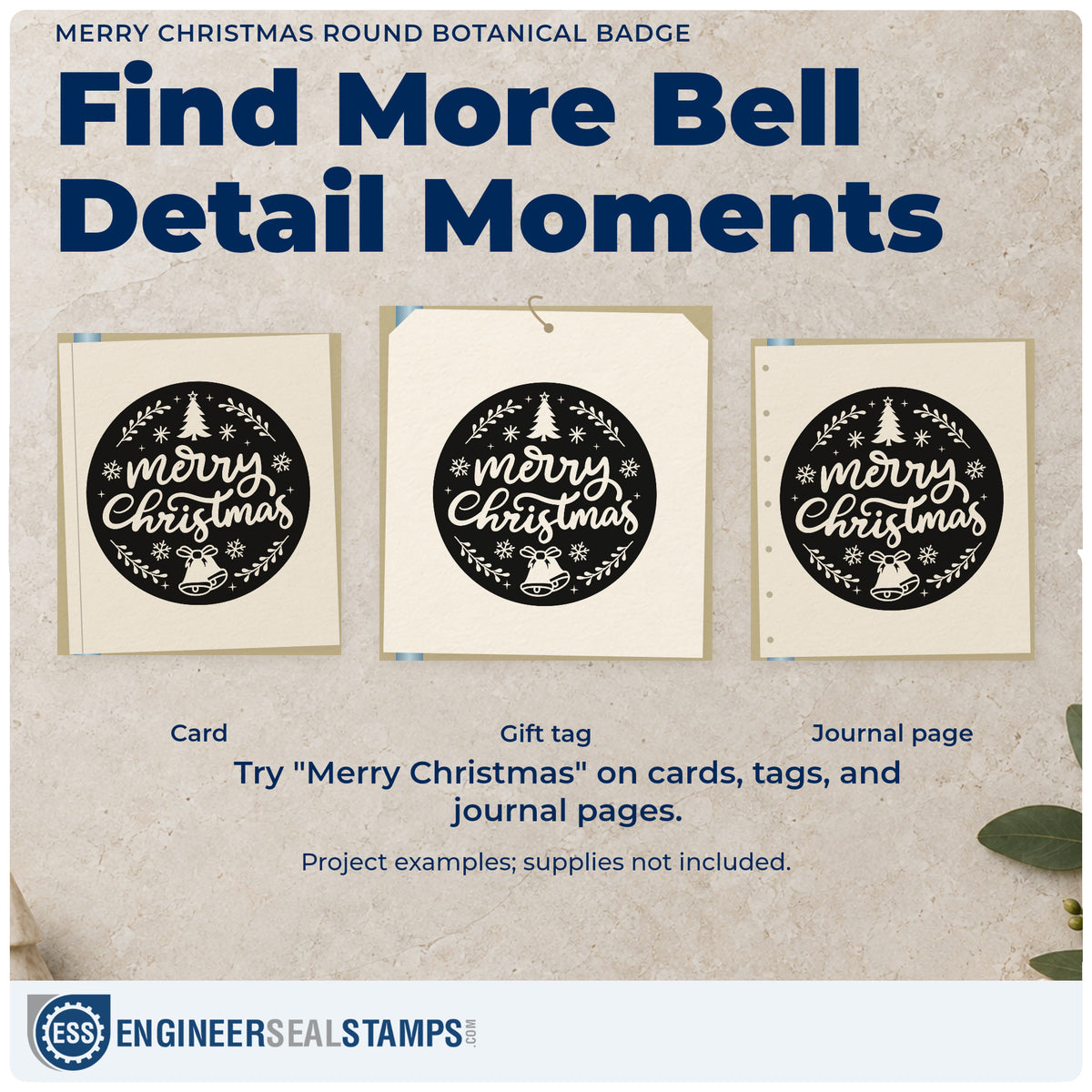 Three project examples made with the Merry Christmas Round Botanical Emblem Stamp – Wood Handle, including approval stamp page.