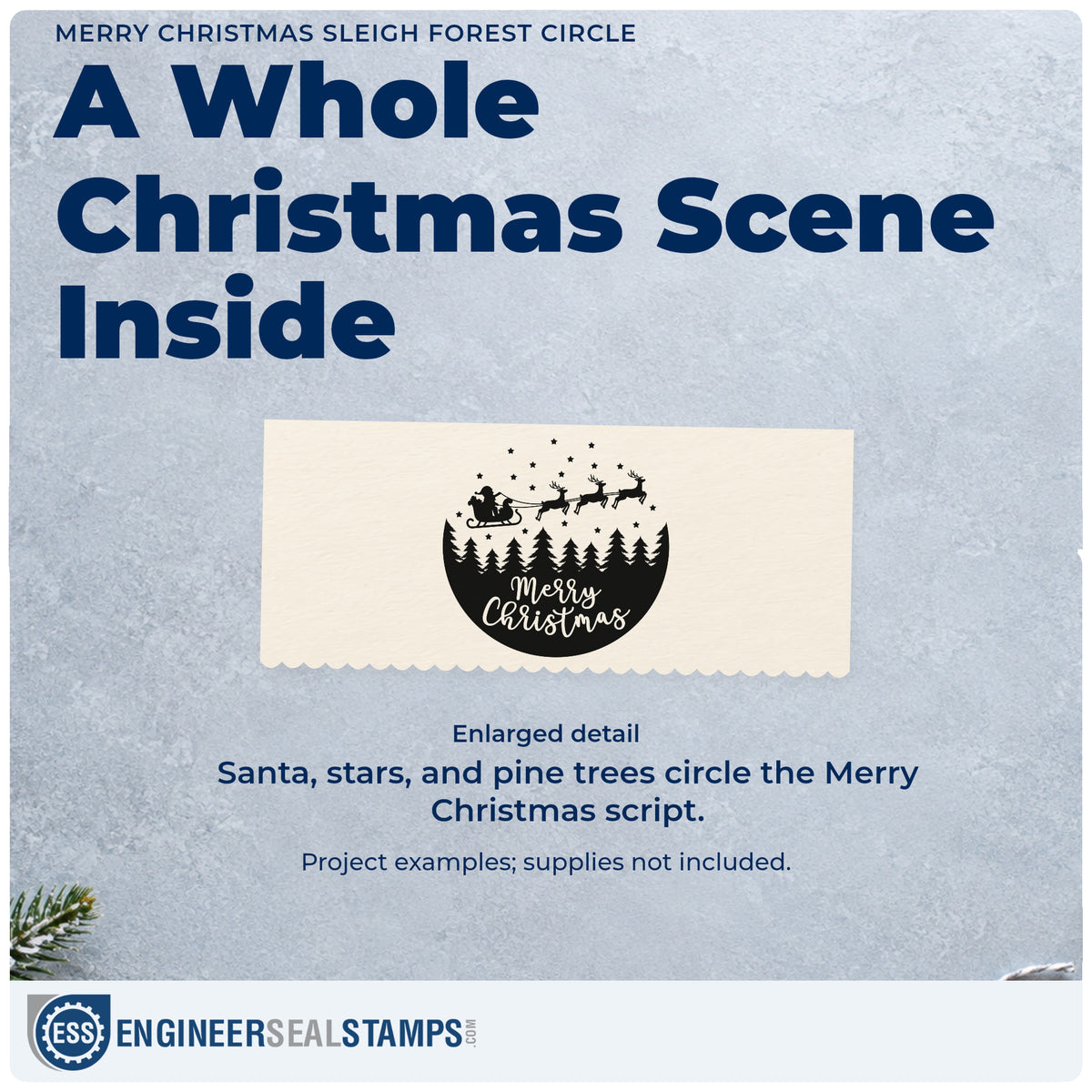 Enlarged detail of the Merry Christmas Sleigh Forest Circle Reindeer Self-Inking Craft Stamp imprint. A circular design combines Santa's sleigh, reindeer, stars, pine trees, and script “Merry Christmas.”
