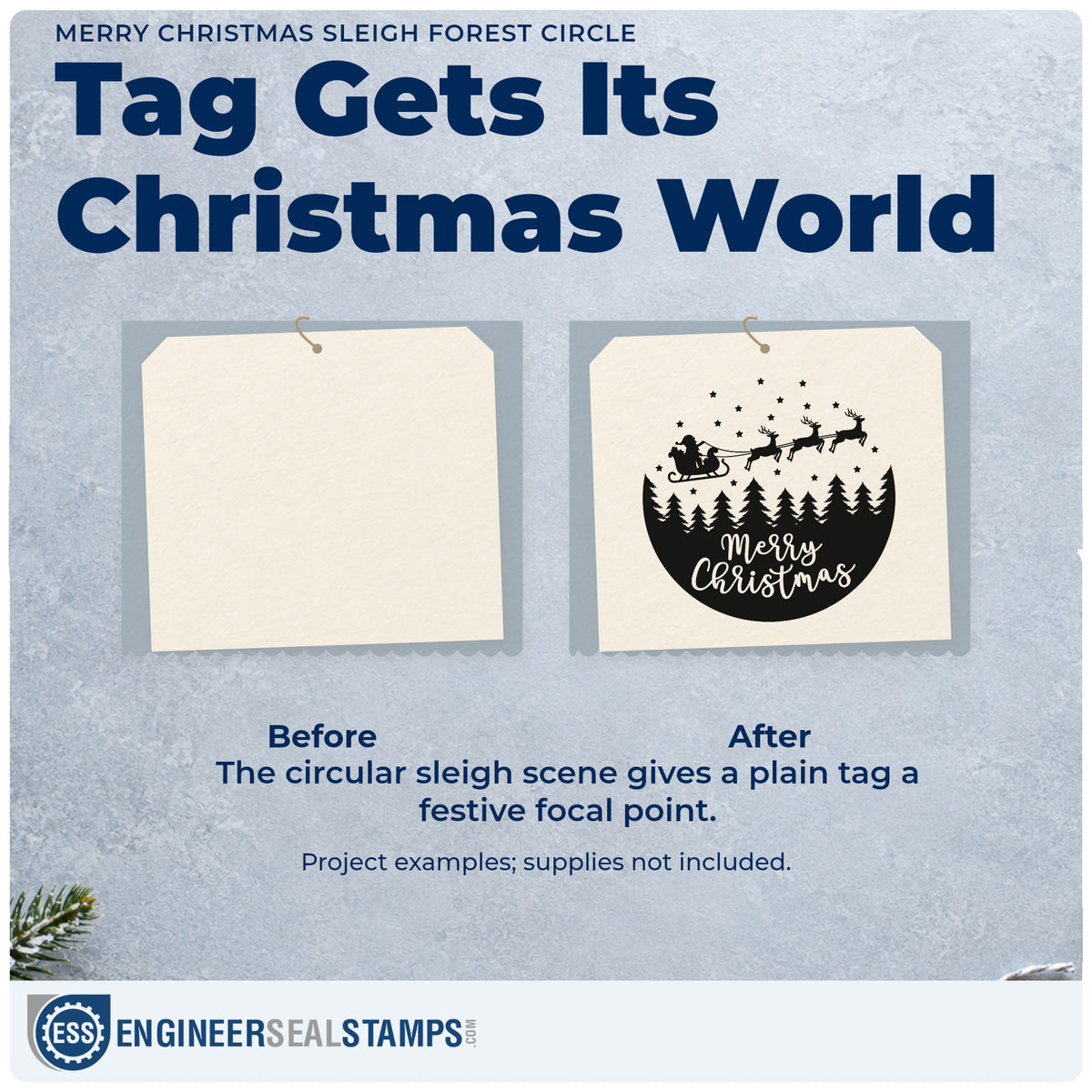 Before and after of a plain item finished with the Merry Christmas Sleigh Forest Circle Reindeer Self-Inking Craft Stamp, a quick upgrade for framed plate display.