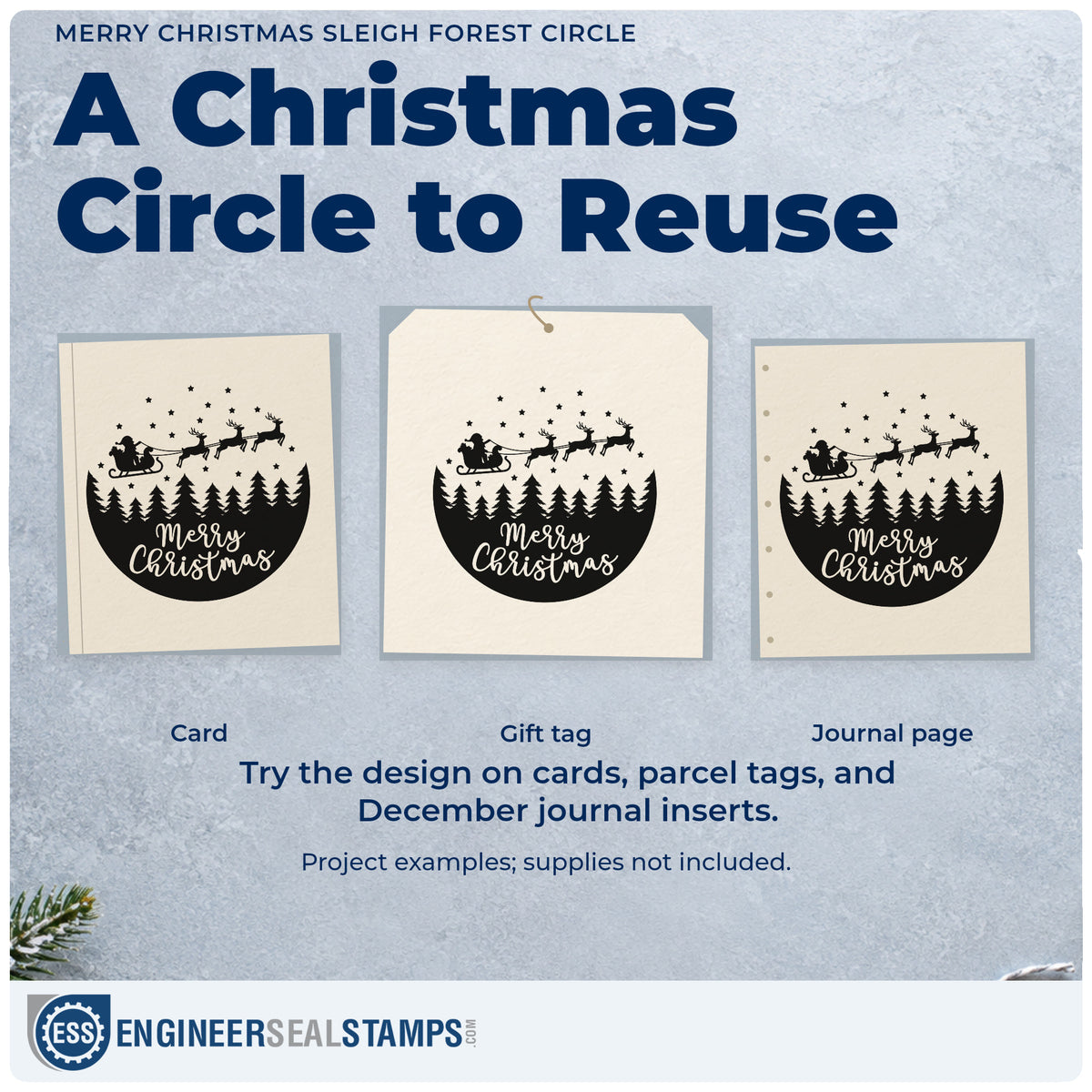 Three project examples made with the Merry Christmas Sleigh Forest Circle Reindeer Rubber Stamp – Duo Hand, including coaster set sheet.