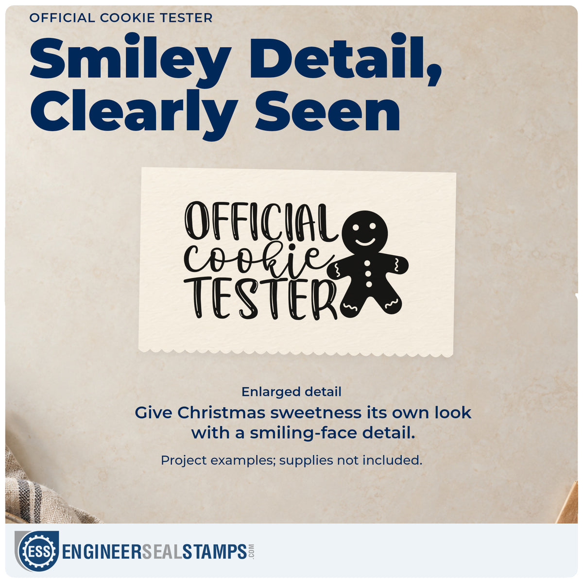 Enlarged detail of the Official Cookie Tester PSI Pre-Inked Stamp imprint. “Official Cookie Tester” appears beside a smiling gingerbread figure.