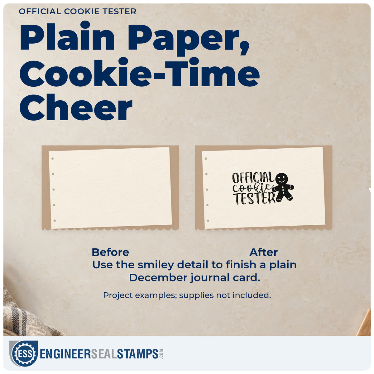 Before and after of a plain item finished with the Official Cookie Tester Hand Stamp – Duo, a quick upgrade for framed pantry nook.