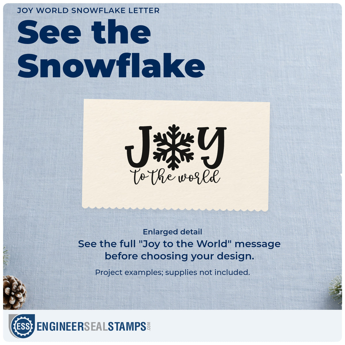 Enlarged detail of the Self-Inking Joy World Snowflake Letter Stamp imprint. “Joy to the World” replaces the O in “Joy” with a large snowflake.