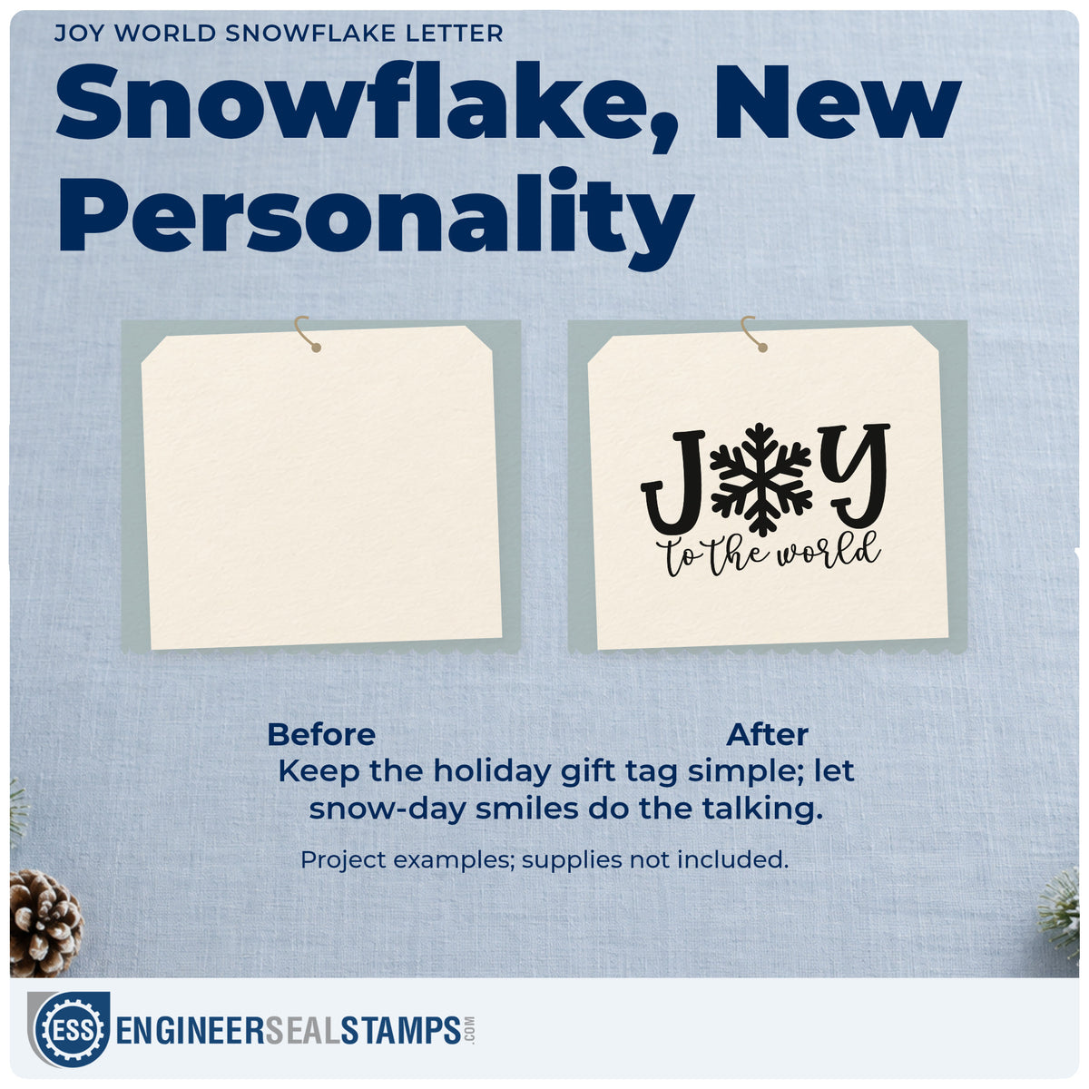 Before and after of a plain item finished with the Self-Inking Joy World Snowflake Letter Stamp, a quick upgrade for framed winter window.