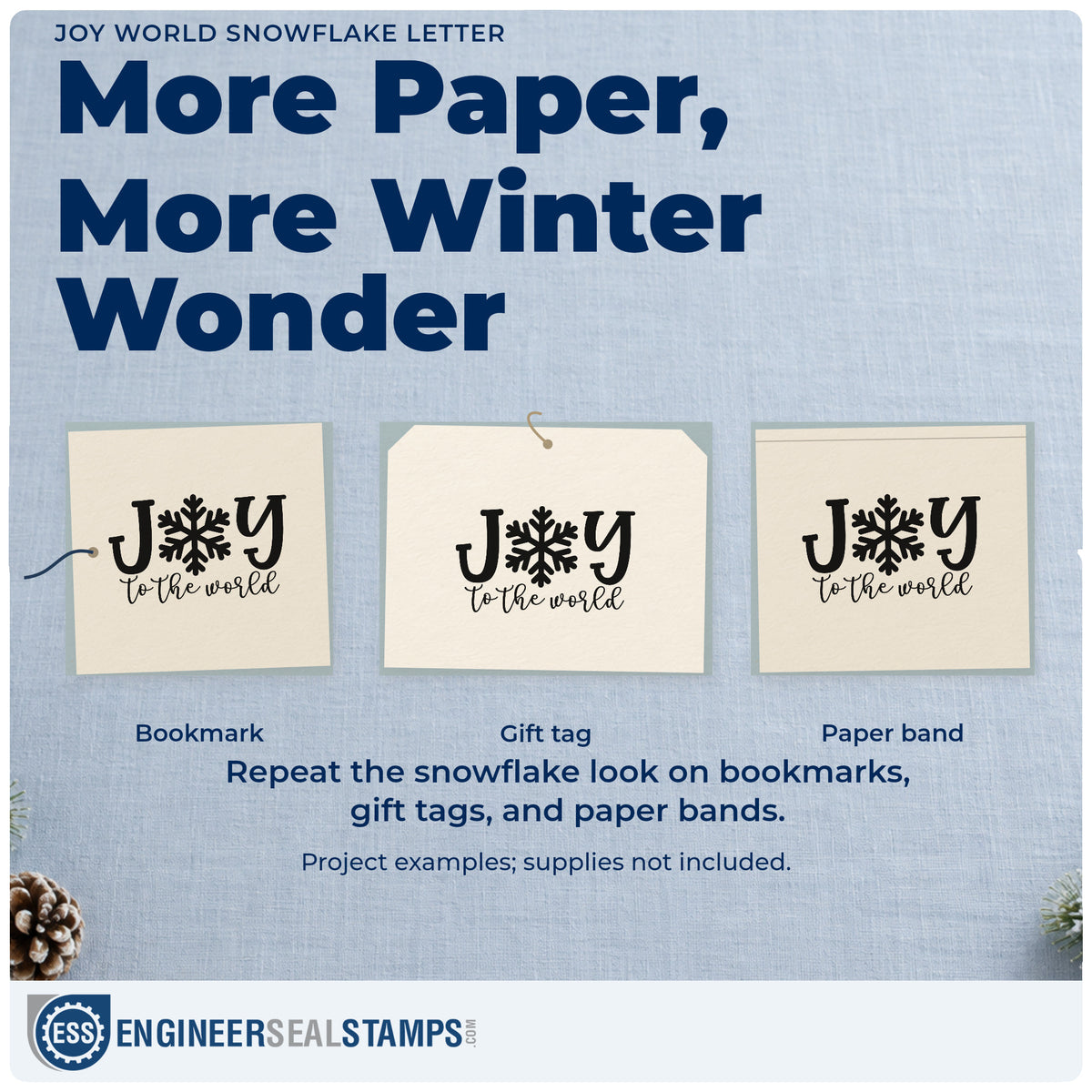 Three project examples made with the Joy World Snowflake Letter Stamp – Duo Hand, including cutting pattern sheet.