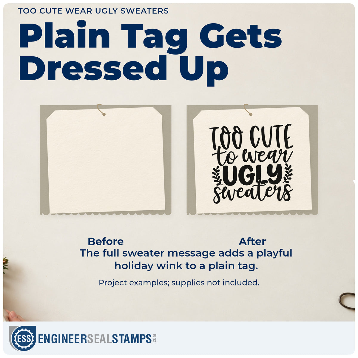 Before and after of a plain item finished with the Too Cute Wear Ugly Sweaters Stamp – Self-Inking, a quick upgrade for framed desk shelf.