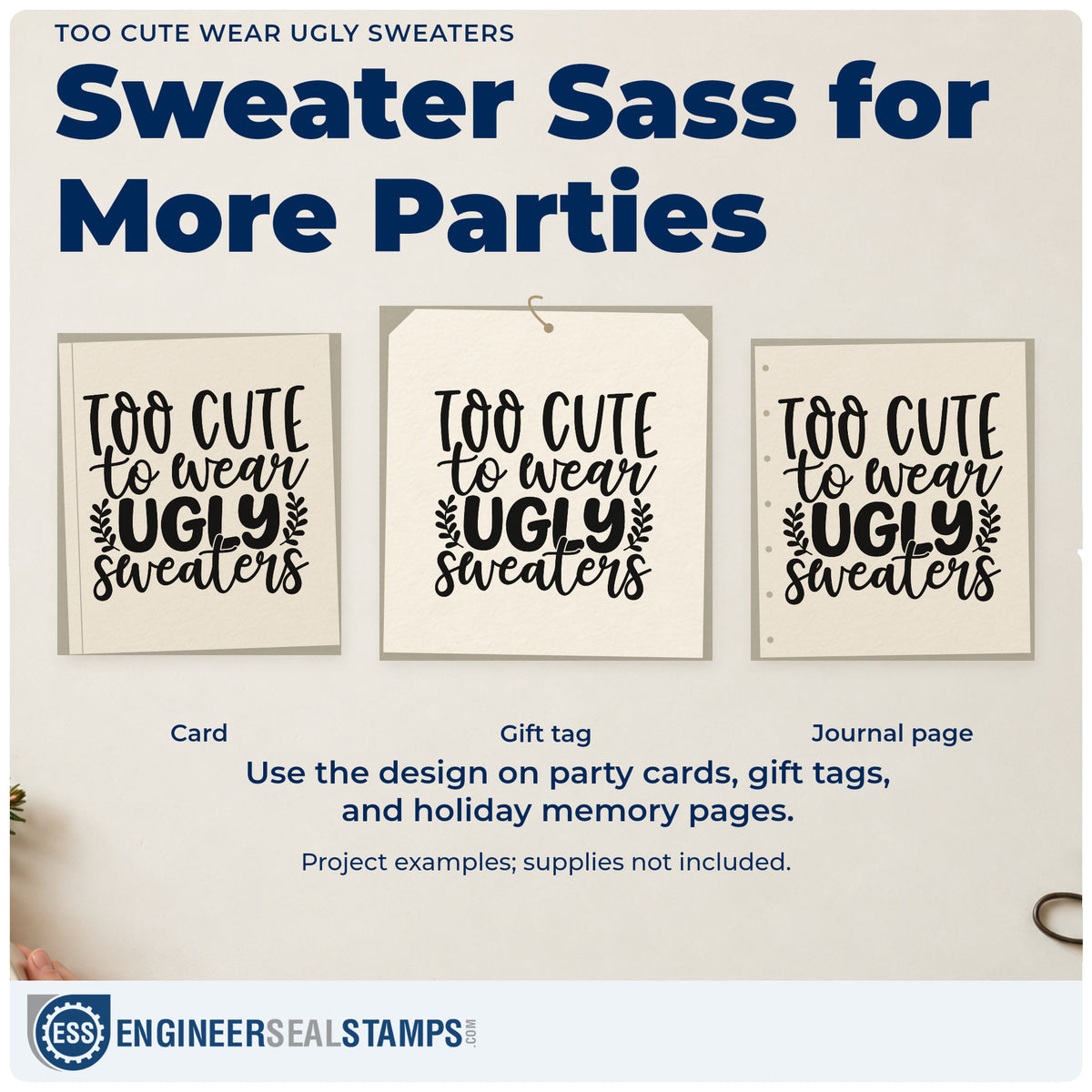 Three project examples made with the Too Cute Wear Ugly Sweaters Stamp – Self-Inking, including finals week planner.