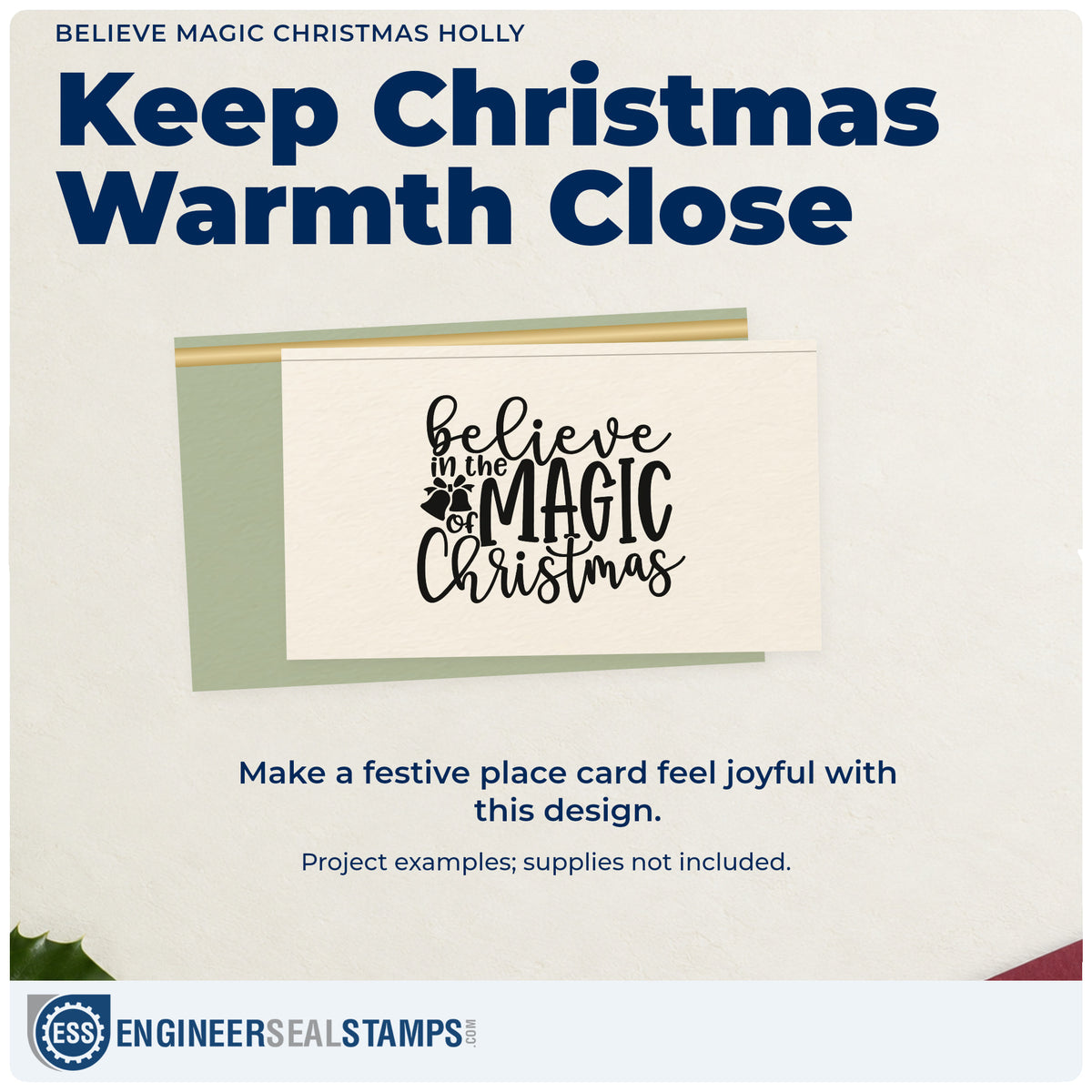 A finished handmade project stamped with the Believe Magic Christmas Holly Self-Inking Stamp, ideal for simple album page.