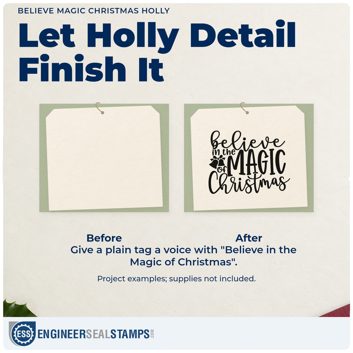 Before and after of a plain item finished with the Duo Hand Believe Magic Christmas Holly Rubber Stamp, a quick upgrade for framed small ledge.