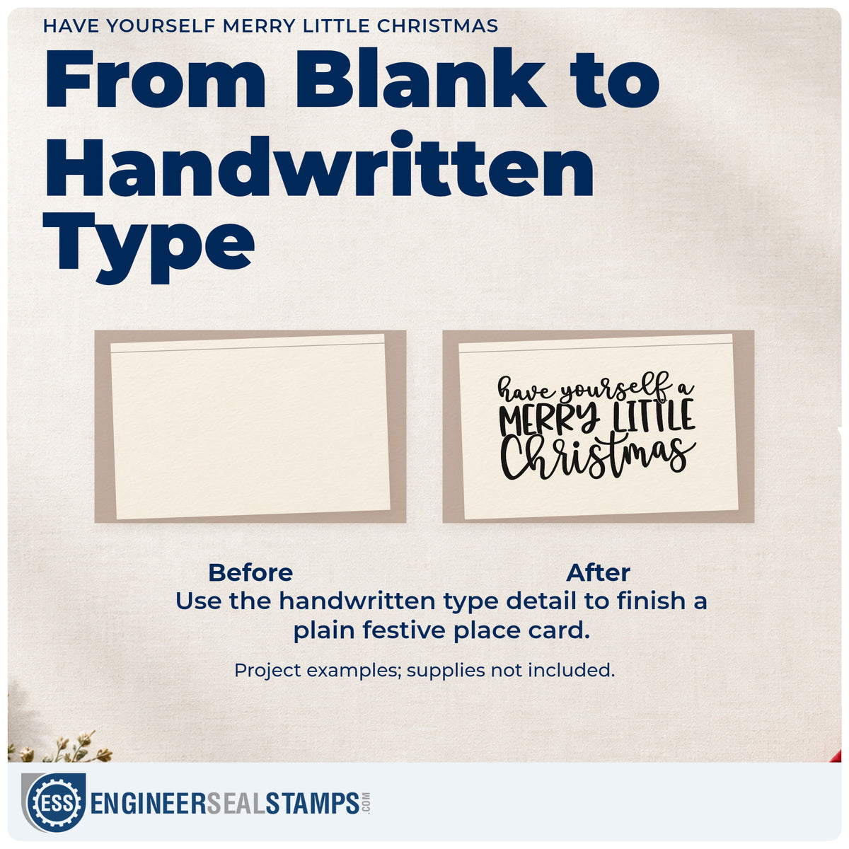 Before and after of a plain item finished with the Have Yourself Merry Little Christmas Pre-Inked Stamp – PSI, a quick upgrade for framed reading lamp.