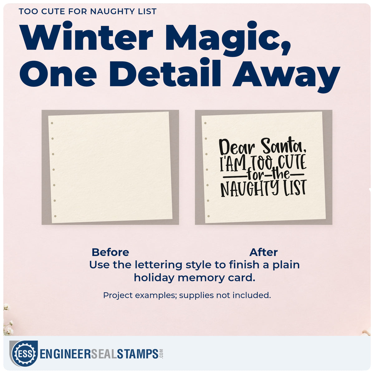 Before and after of a plain item finished with the Dear Santa Naughty List Word Art Self-Inking Stamp, a quick upgrade for framed crib wall.