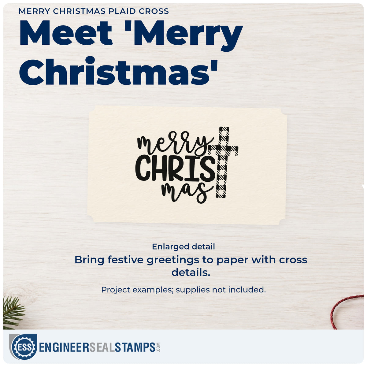 Enlarged detail of the Merry Christmas Plaid Cross Hand Stamp – Duo imprint. “Merry Christmas” is arranged around a tall plaid-patterned cross.