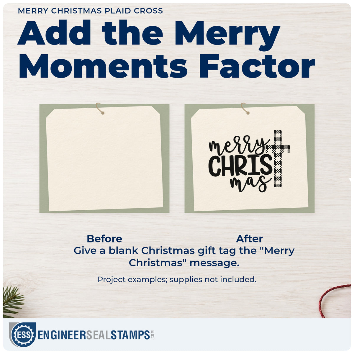 Before and after of a plain item finished with the Merry Christmas Plaid Cross Craft Stamp – Self-Inking, a quick upgrade for framed fellowship nook.