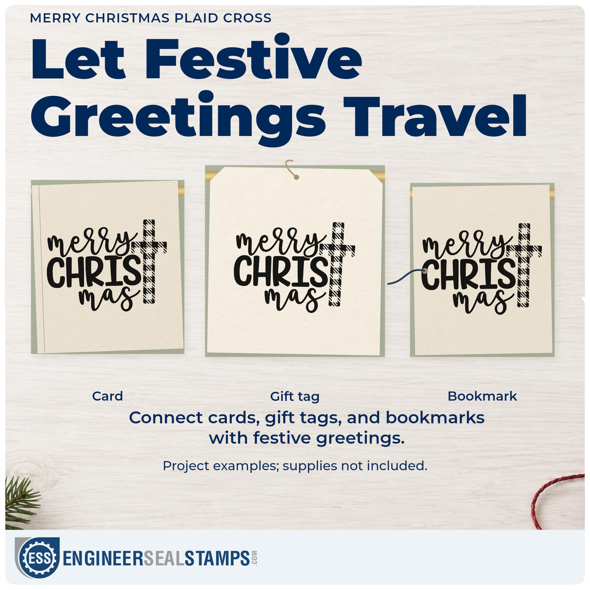 Three project examples made with the Merry Christmas Plaid Cross Hand Stamp – Duo, including service plan sheet.