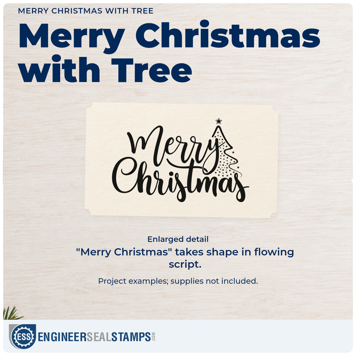 Enlarged detail of the Merry Christmas With Tree Script Lettering Self-Inking Stamp imprint. “Merry Christmas” appears in flowing script beside a slim dotted Christmas tree.