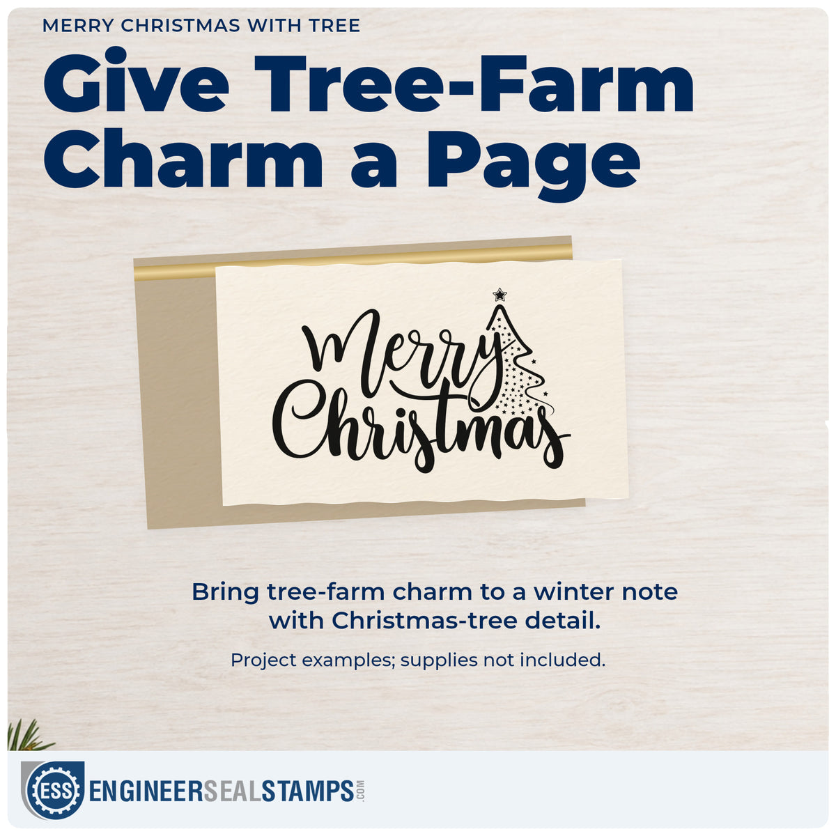 A finished handmade project stamped with the Merry Christmas With Tree Script Lettering PSI Pre-Inked Stamp, ideal for side column album.