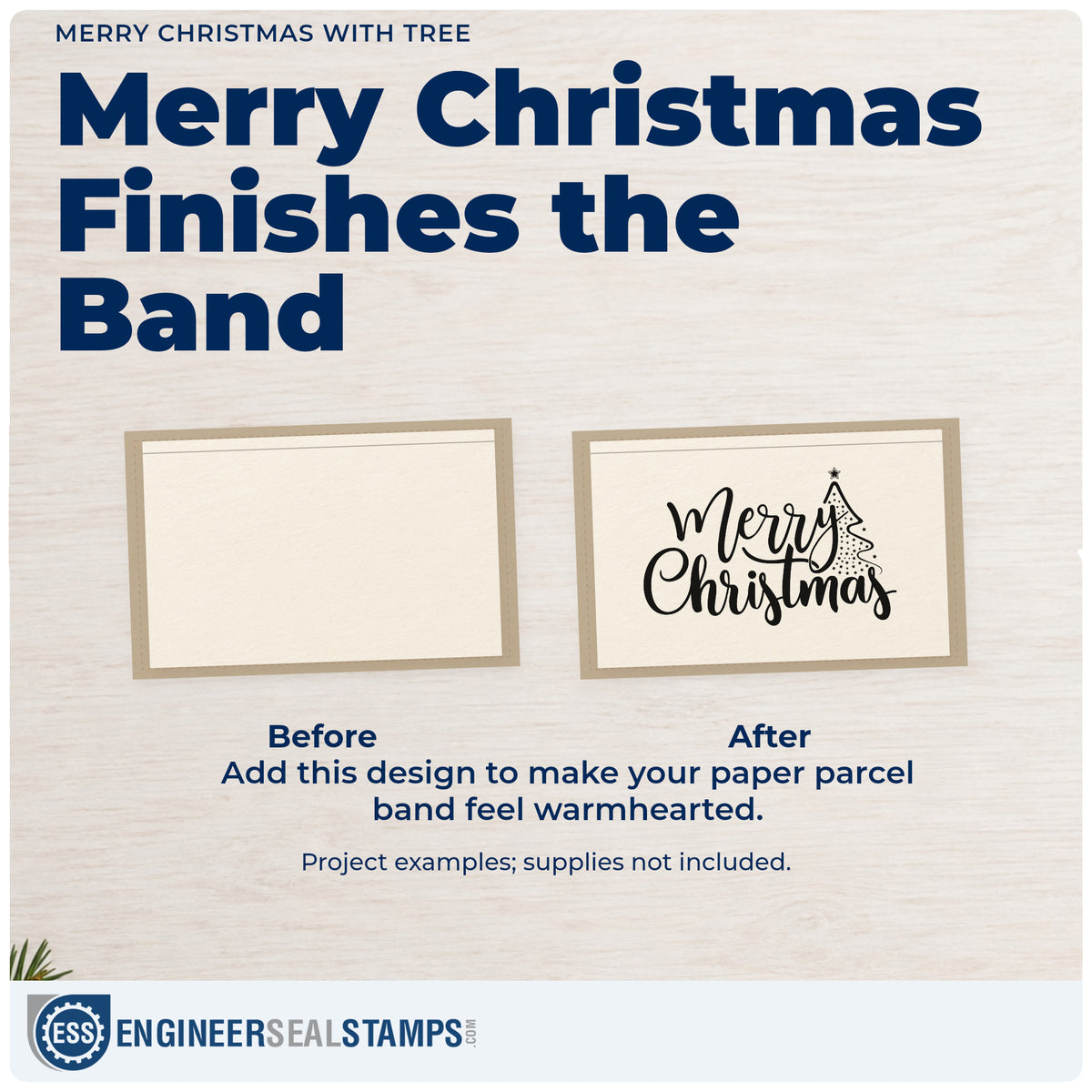 Before and after of a plain item finished with the Merry Christmas With Tree Script Lettering PSI Pre-Inked Stamp, a quick upgrade for framed door casing.