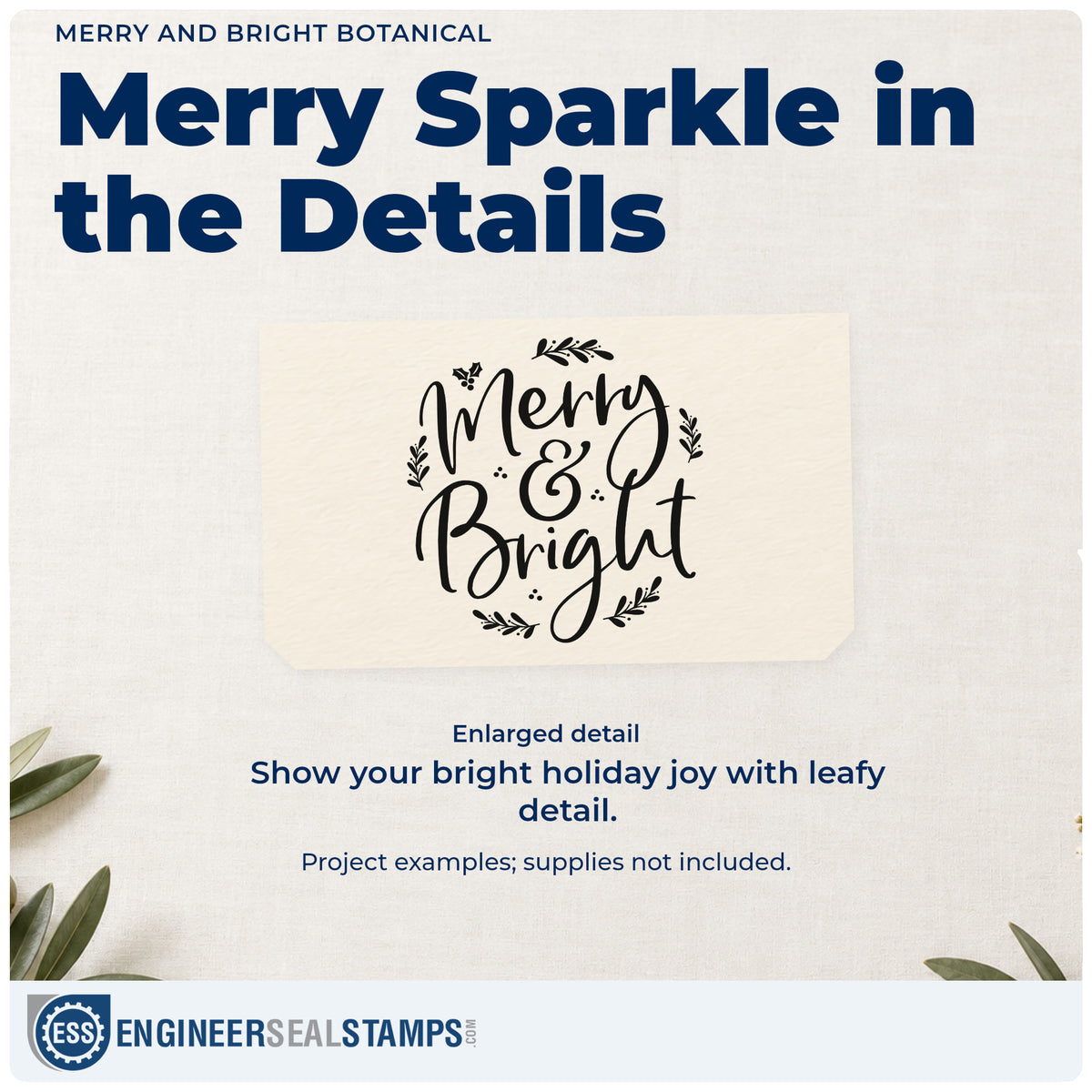 Enlarged detail of the Merry And Bright Botanical Duo Hand Stamp imprint. “Merry & Bright” is framed by small leafy branches and dot accents.