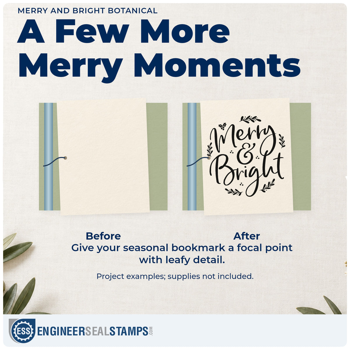 Before and after of a plain item finished with the Merry And Bright Botanical Stamp – Self-Inking, a quick upgrade for framed sample board.