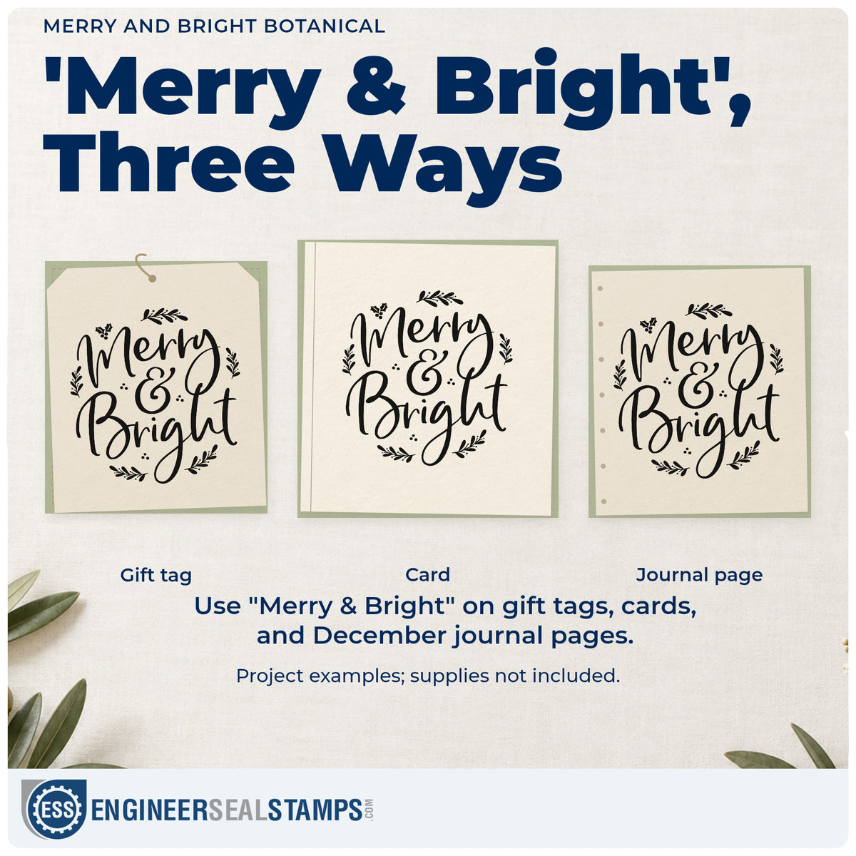 Three project examples made with the Merry And Bright Botanical Duo Hand Stamp, including letter sheet header.