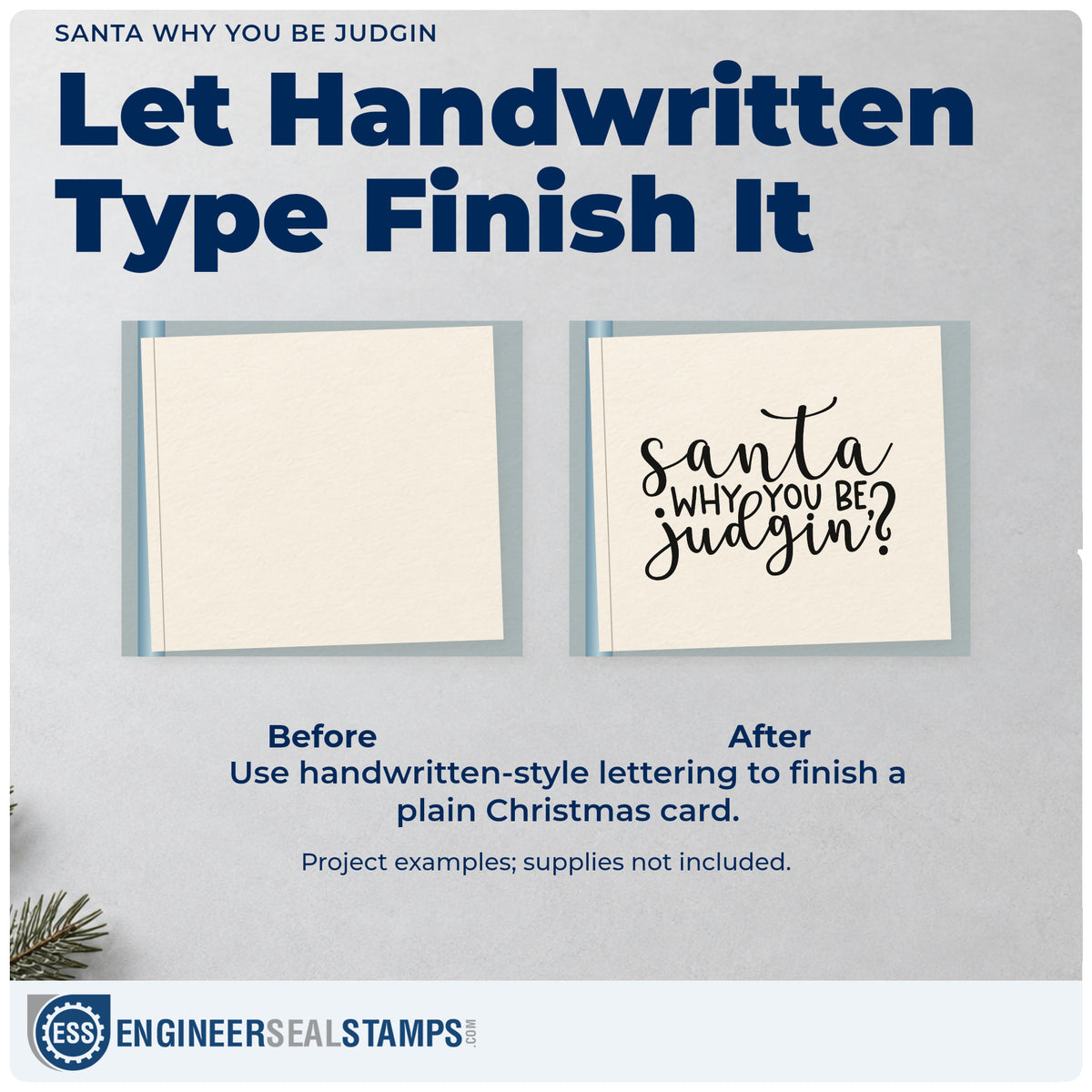 Before and after of a plain item finished with the Slim Pre-Inked Santa Why You Be Judgin? Script Lettering Stamp, a quick upgrade for framed locker door.