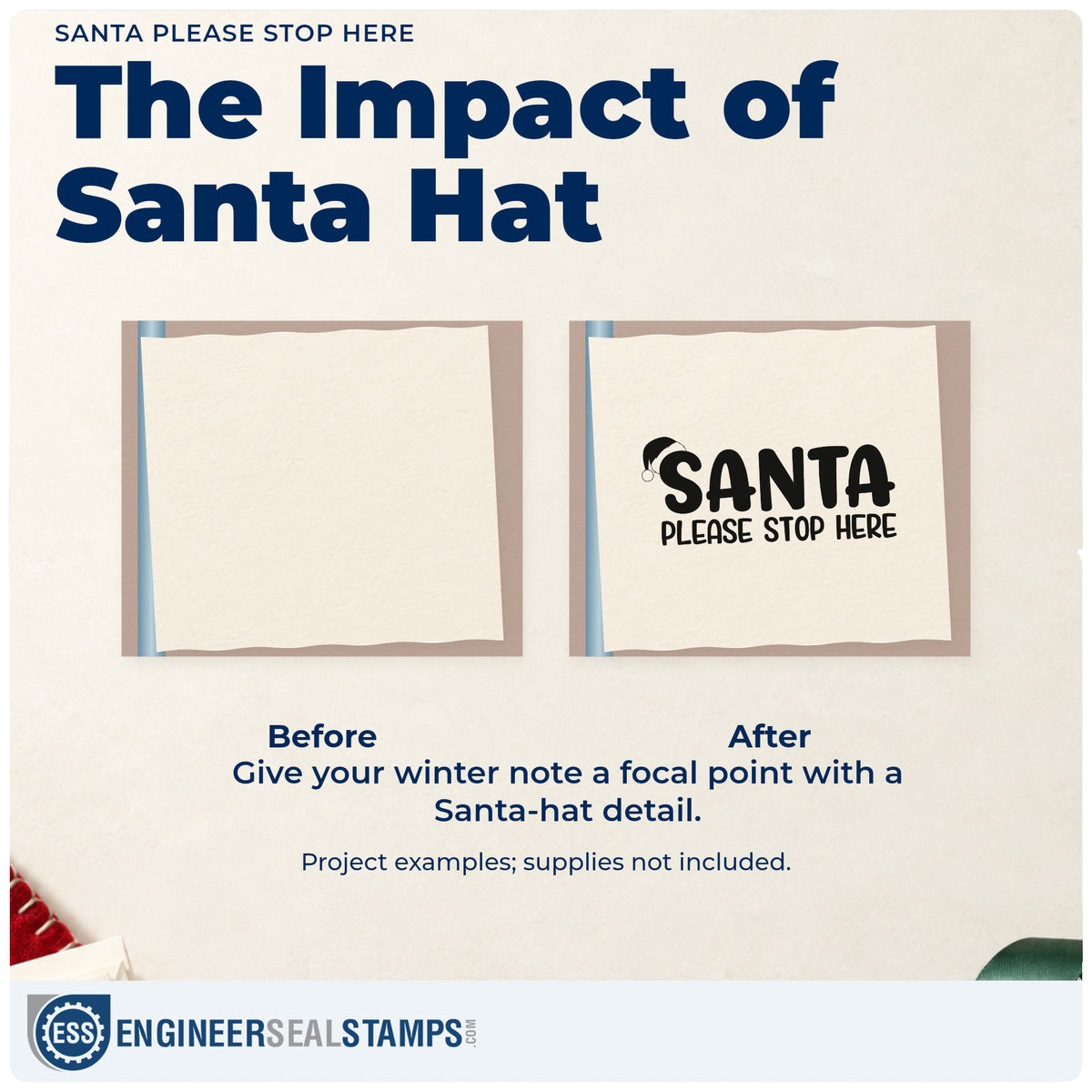 Before and after of a plain item finished with the Santa Please Stop Here PSI Pre-Inked Stamp, a quick upgrade for framed window sign.